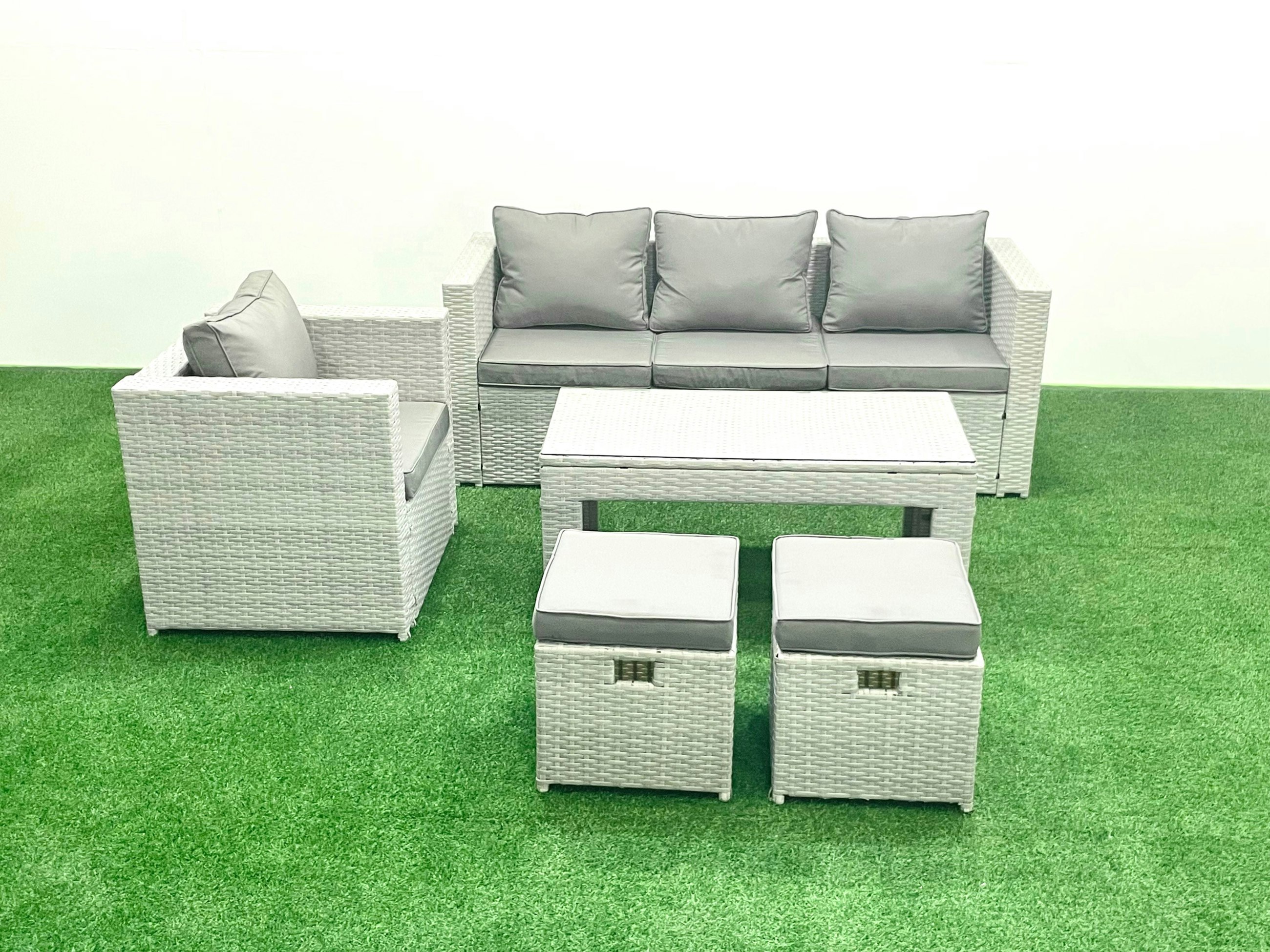 Rackhams Light/Grey Rattan Garden Furniture Set 5 Pieces Outdoor Garden Sofa Oblong Coffee Table Set With Chair 2 Small Footstools Mixed