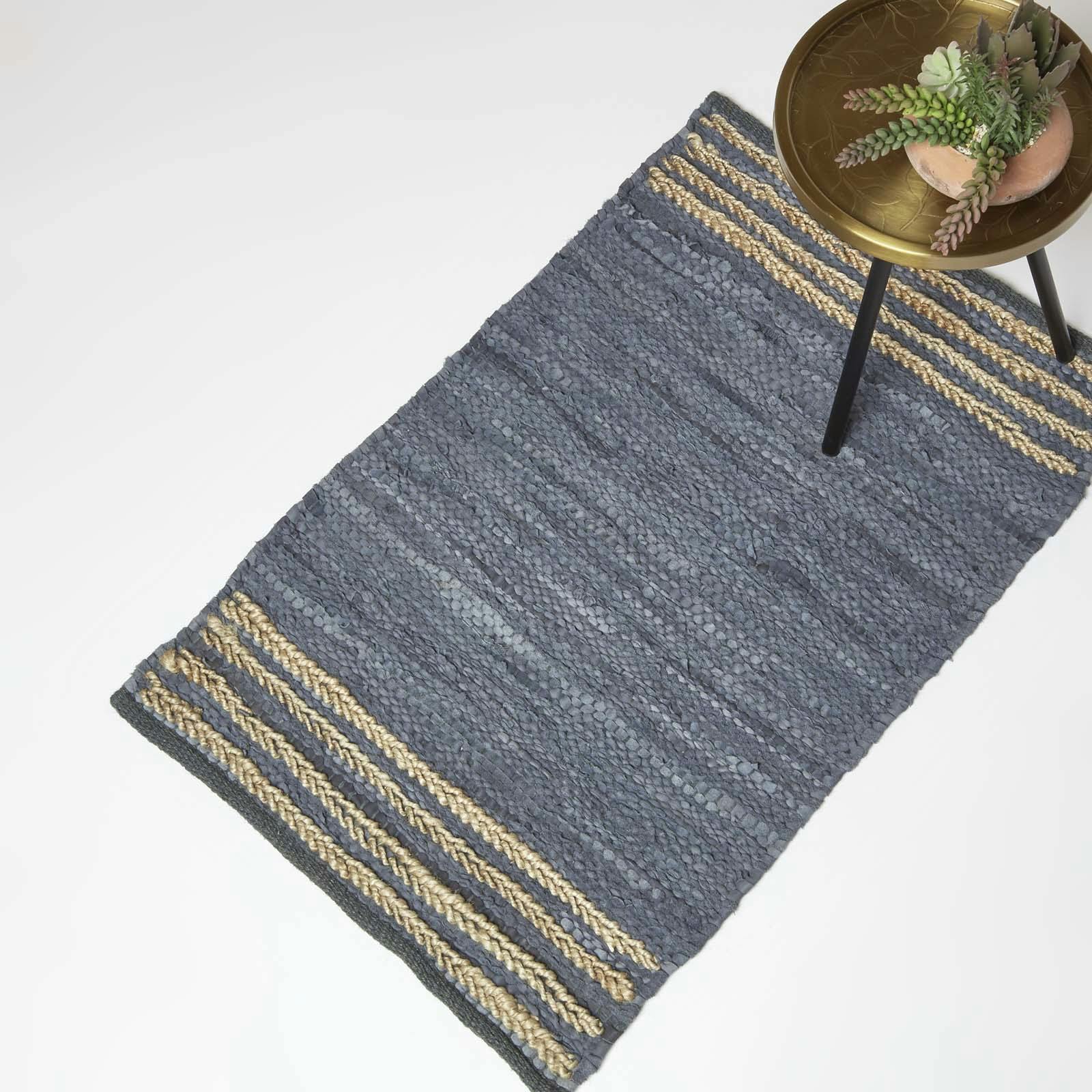Rackhams Grey Recycled Leather Handwoven Stripe Rug - 60 X 90 Cm