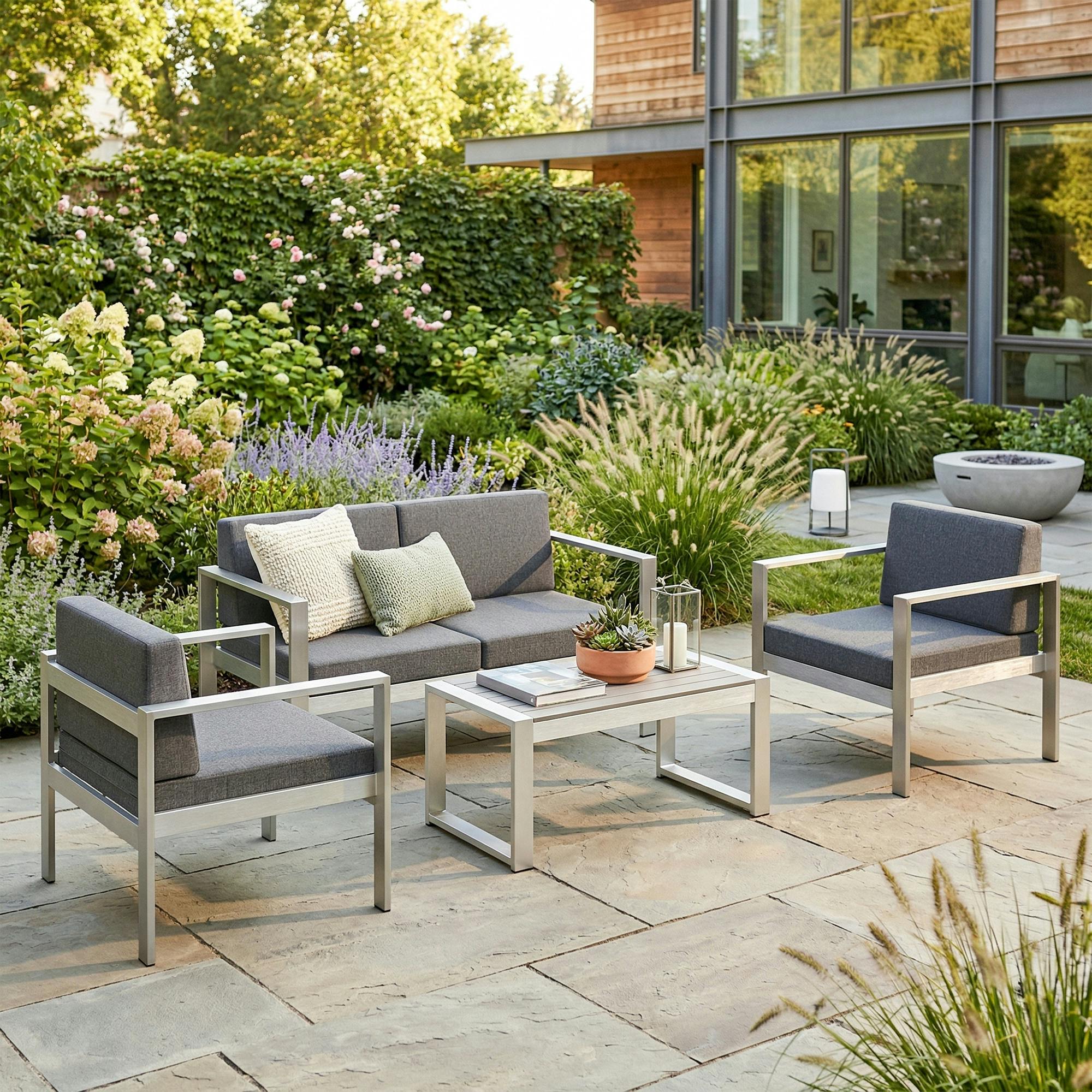 Rackhams 4 Seater Aluminium Garden Furniture Sofa Set With Olefin Cushions - Not Applicable - 142 - Aluminium, Olefin, Wood Plastic Composite, Sponge, Tiled Cotton