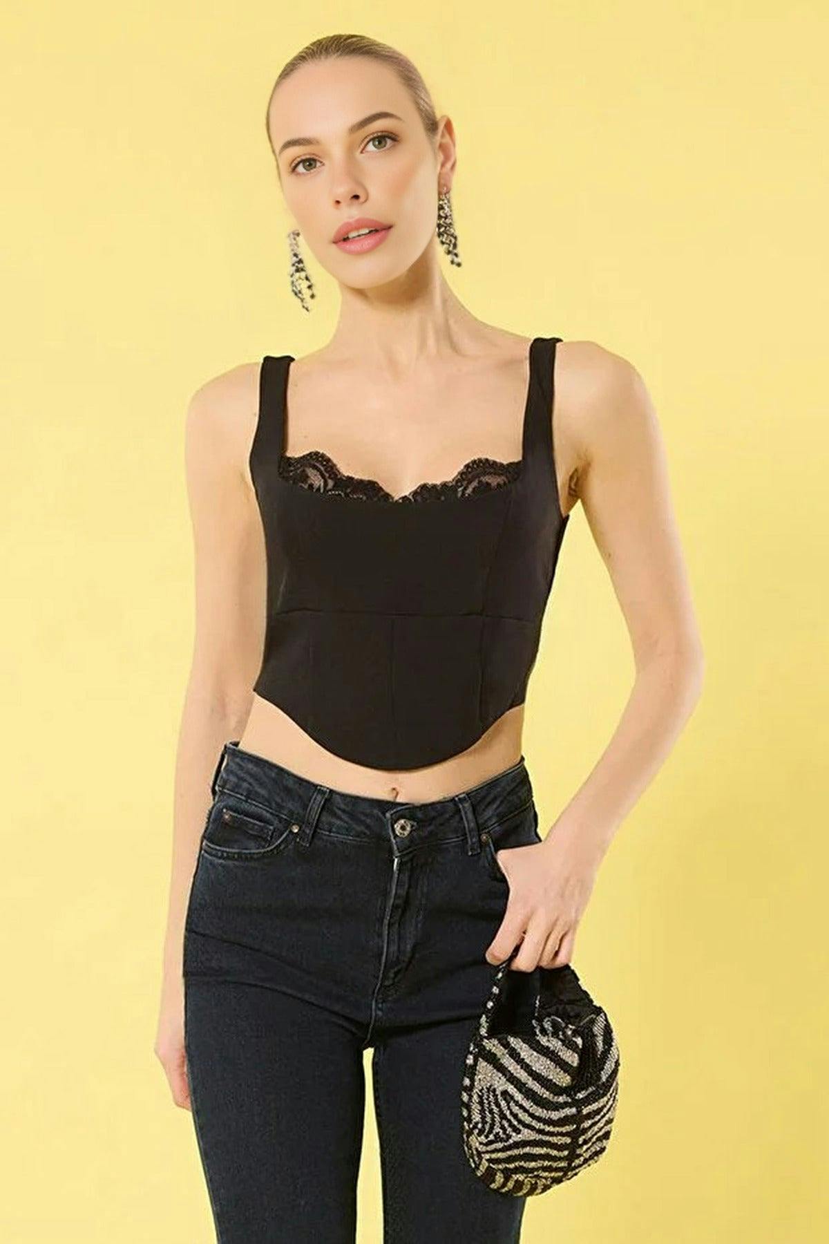Wovcor Black Crop Lace Detail Woven Elegant Bustier - 6
