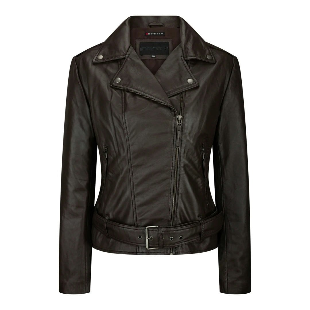 Aviatrix Women's Brown Leather Biker Jacket With Belt - Uk 20