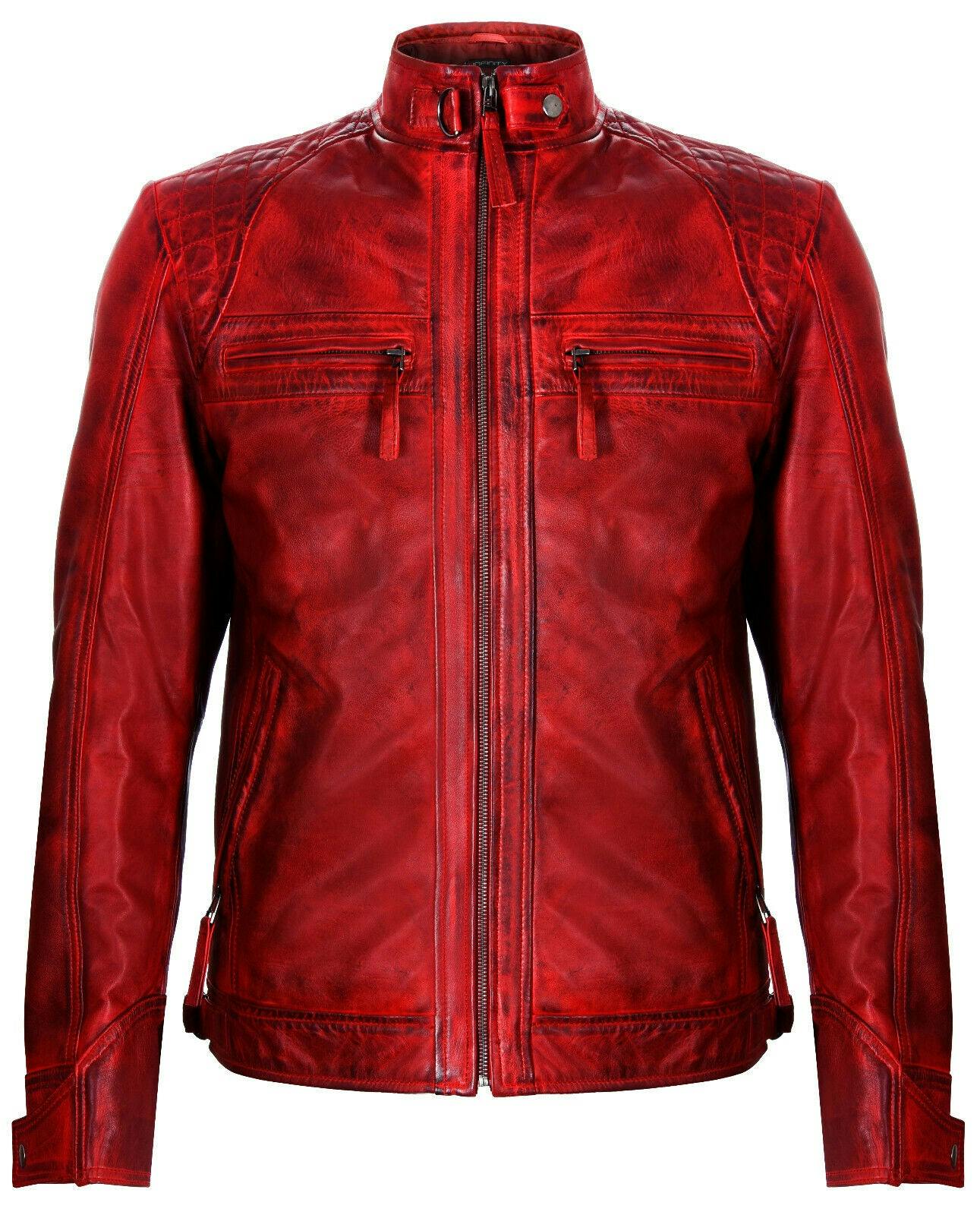 Infinity Leather Men's Red Vintage Zipped Leather Racing Quilted Biker Jacket - Uk M | Eu 48 | Us 38