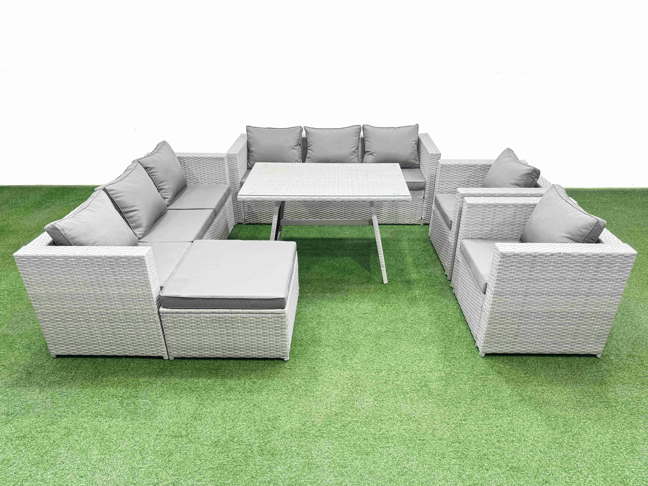 Fimous Light/Grey 9 Seater Garden Furniture Set Pe Rattan Garden Sofa Set With Rectangular Dining Table Big Stool
