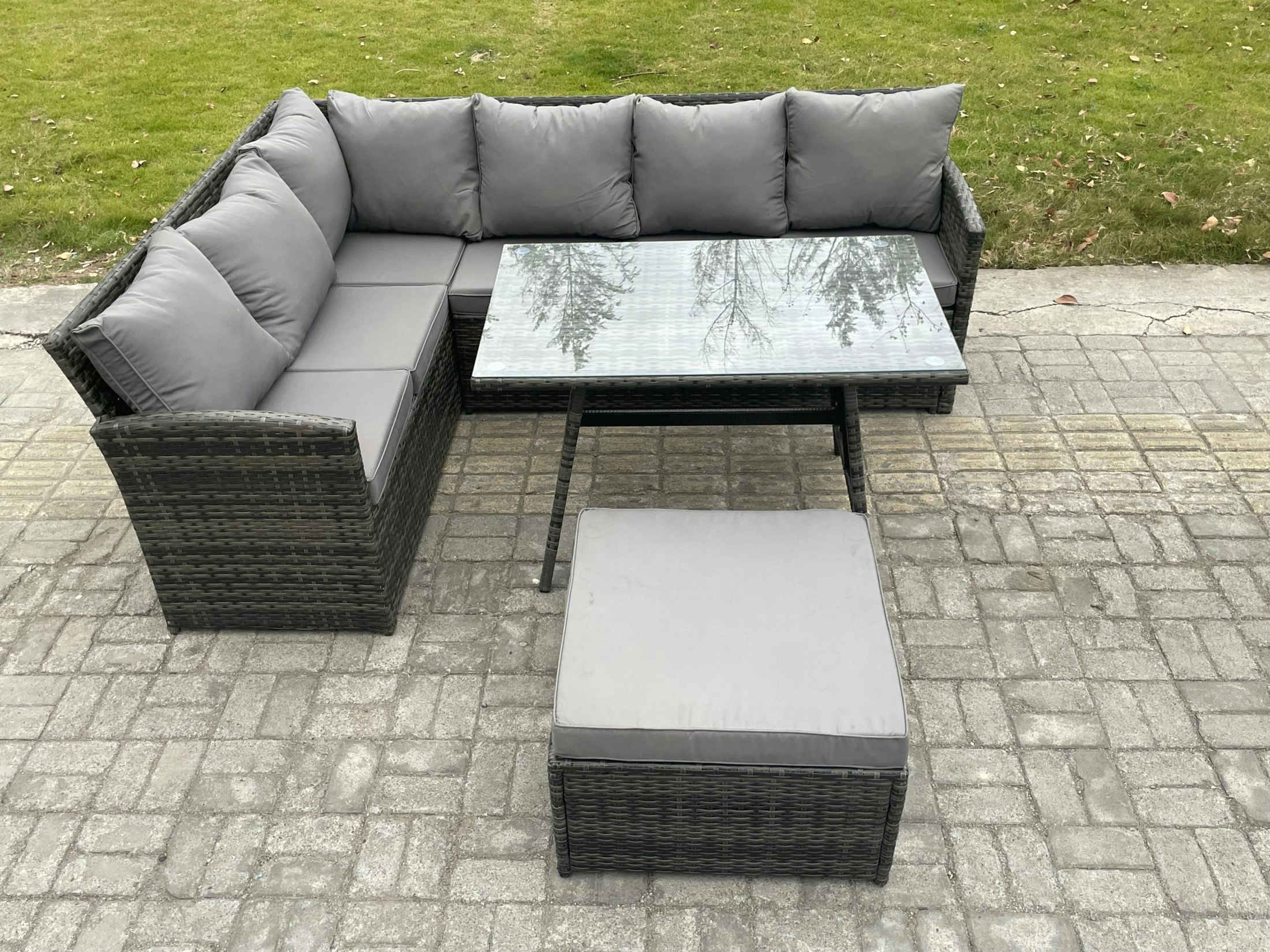 Fimous Dark/Grey Rattan Garden Furniture Corner Sofa Set With Oblong Dining Table Big Footstool Outdoor Wicker Rattan Set Mixed