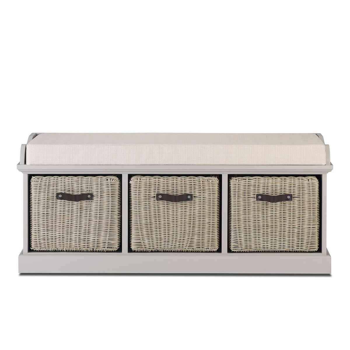 Rackhams Brown/Beige Tetbury Bench With 3 Rattan Storage Baskets And Cushion Seat - Truffle,