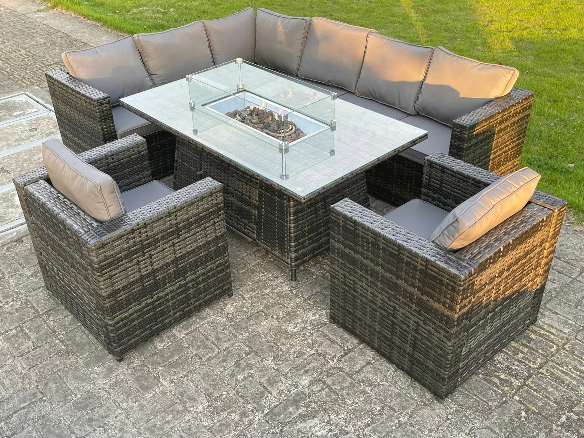 Fimous Dark/Grey Outdoor Rattan Garden Set Corner Furniture Gas Fire Pit Dining Table Sets Gas Heater Lounge Chairs 8 Seater