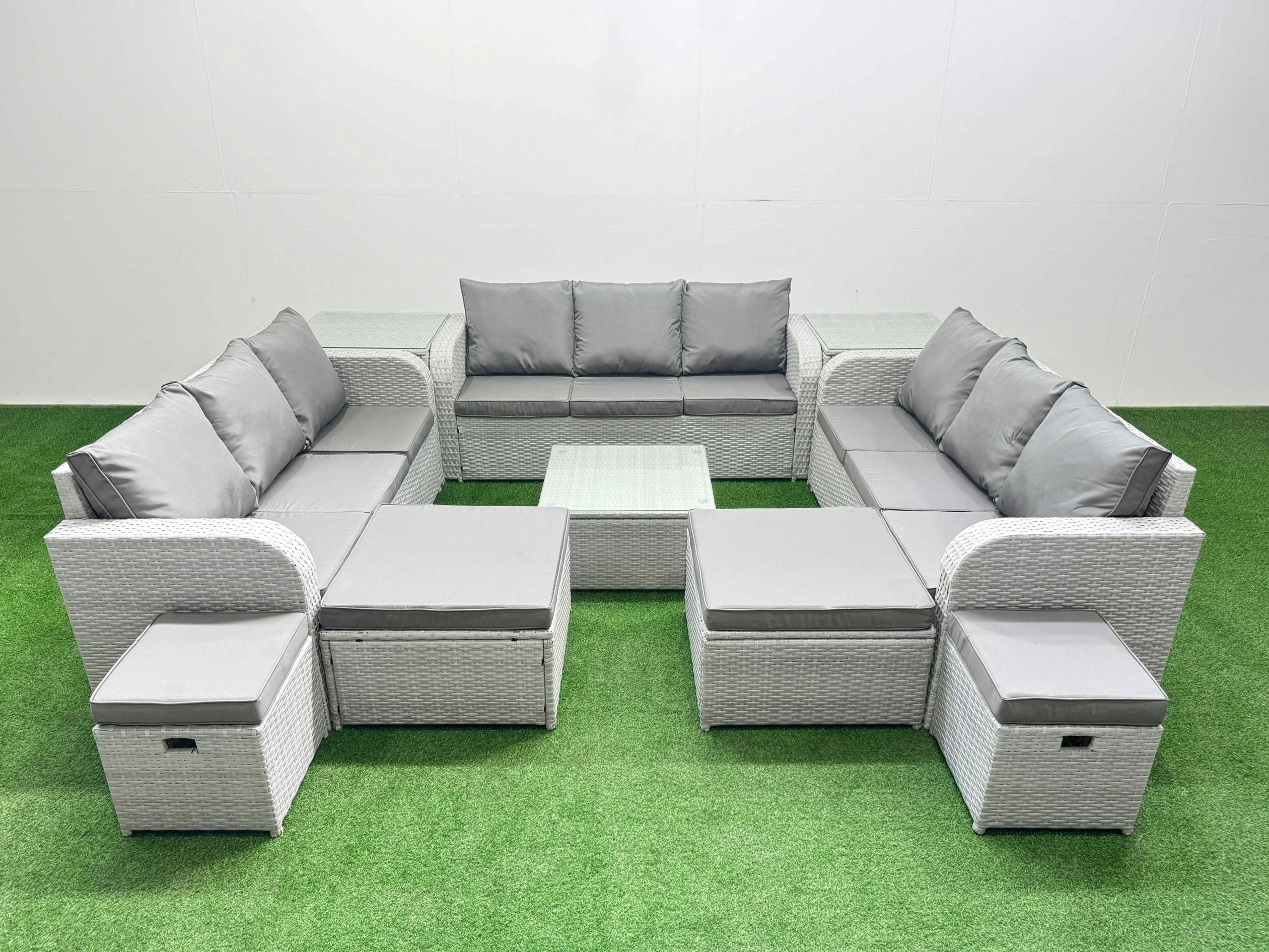 Fimous Light/Grey 13 Seater Outdoor Garden Furniture Set Pe Rattan Lounge Sofa Set With Coffee Table 3 Seater Sofa 4 Footstools 2 Side Tables