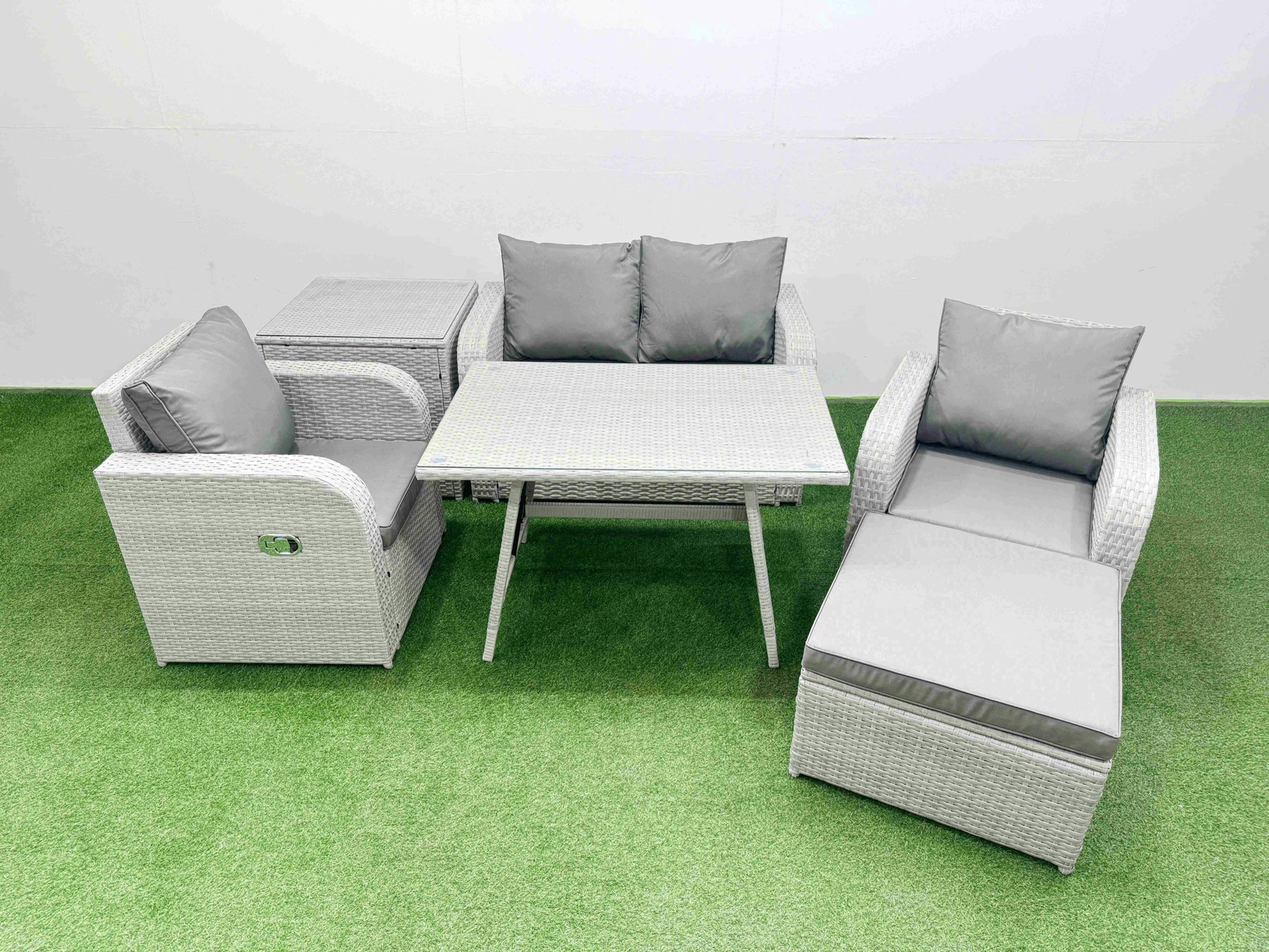 Rackhams Light/Grey Pe Wicker Rattan Garden Furniture Set Sofa Set Reclining Chair Love Sofa Rectangular Dining Table Big Stool Side Table