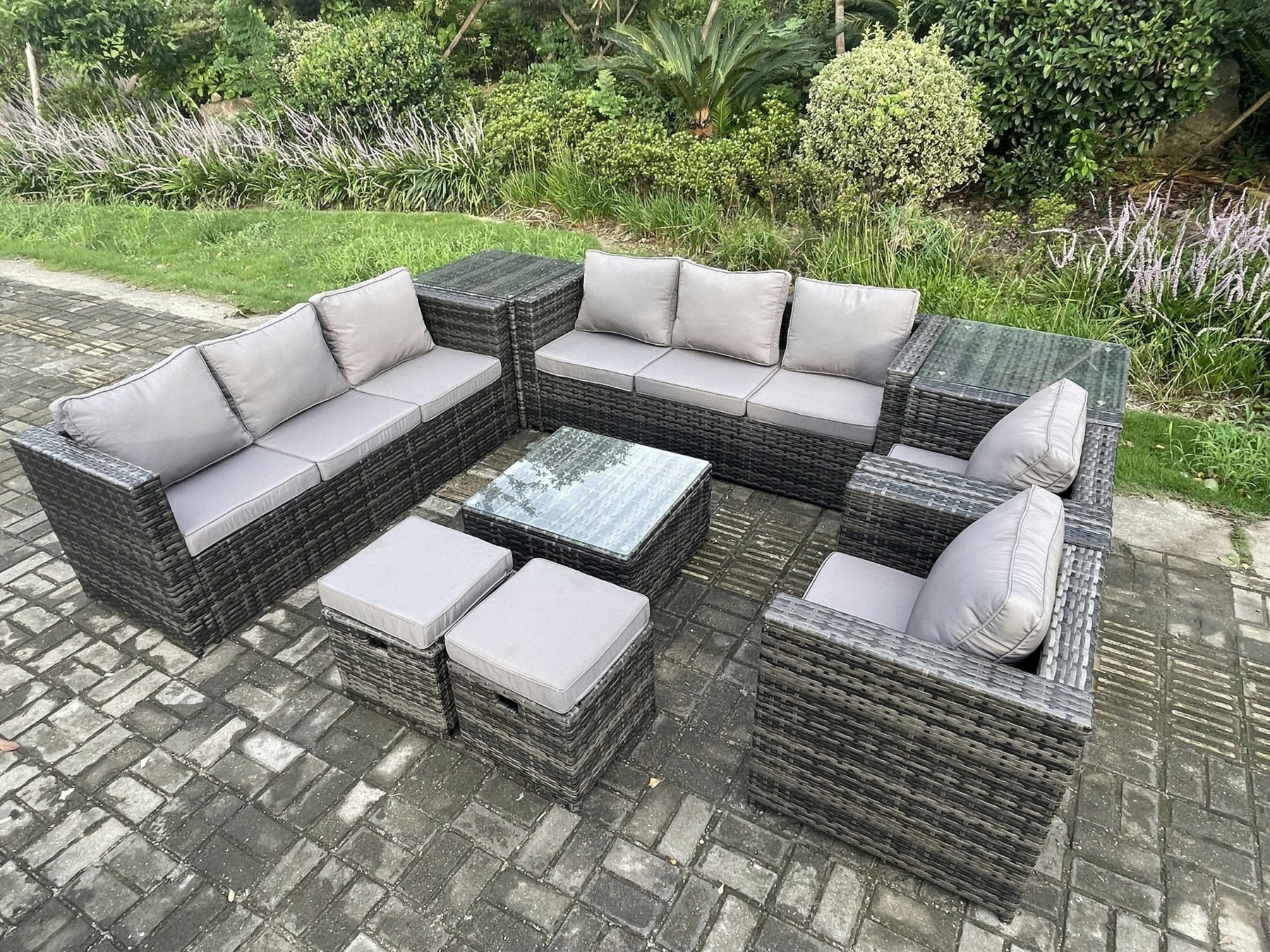 Fimous Dark/Grey 10-Seater Rattan Outdoor Lounge Set | Square Coffee Table, 2 Armchairs, 2 Side Tables, 2 Footstools