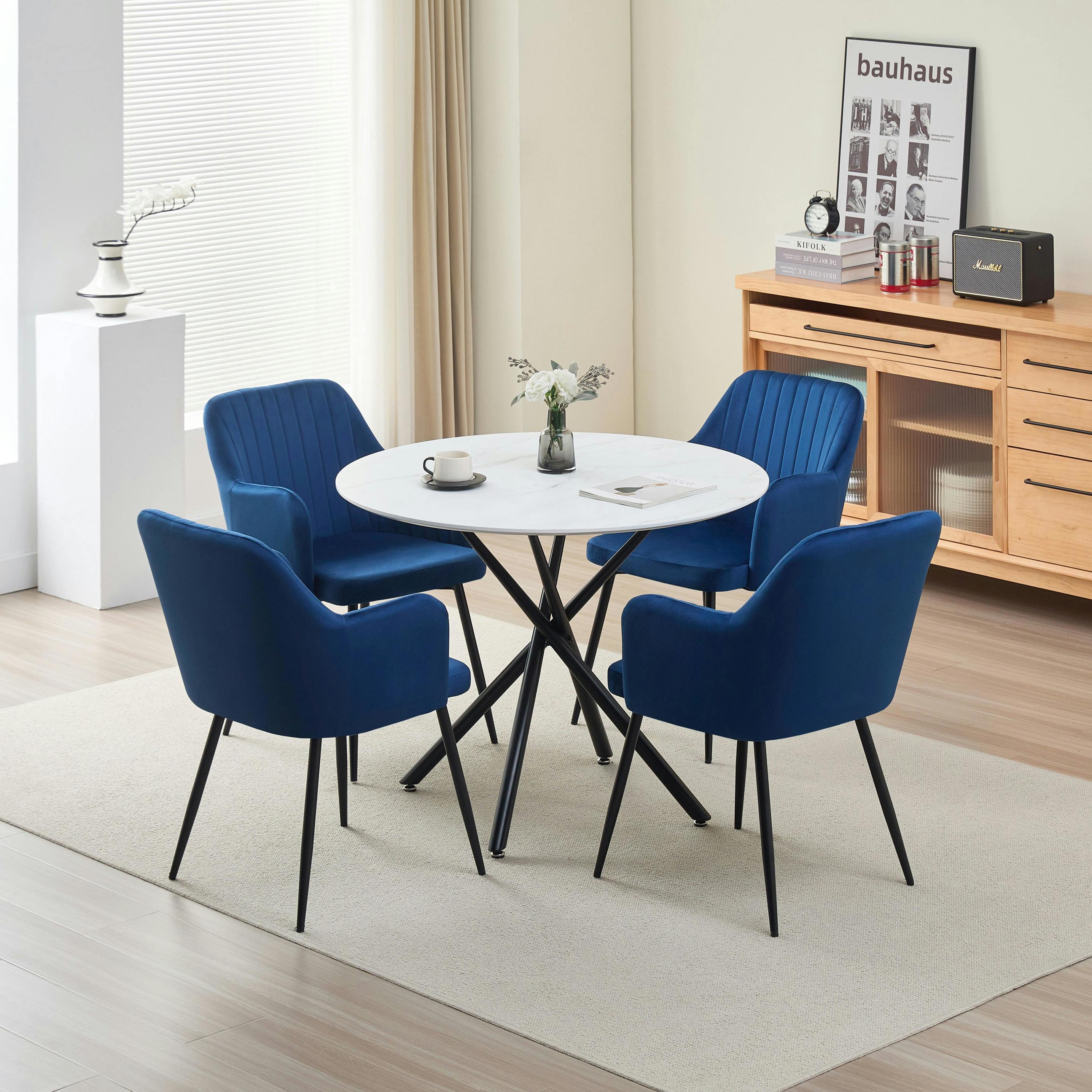 Rackhams Blue Seattle Dining Table With 4 Charlotte Velvet Chairs