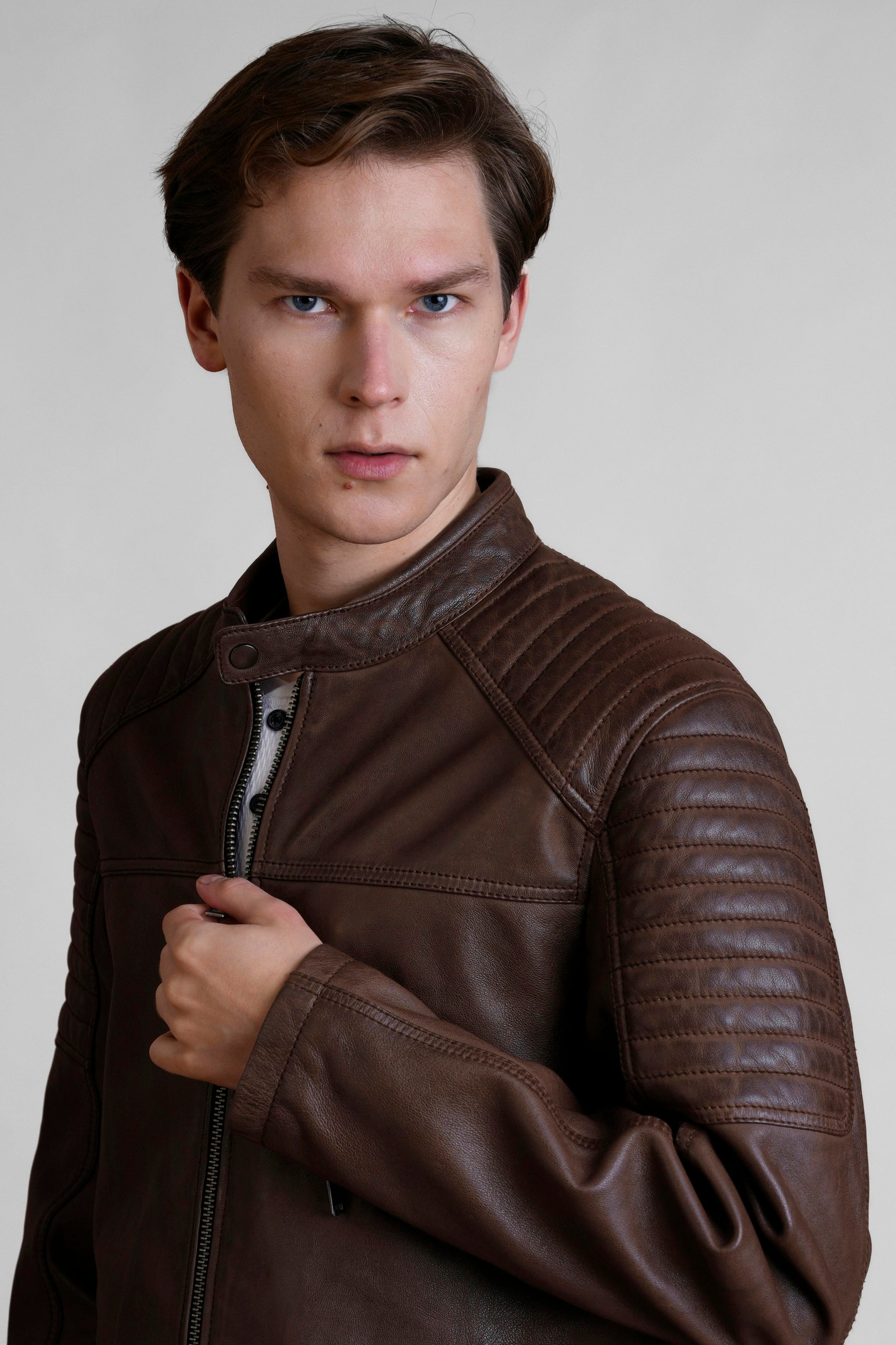 Enorsia Men's Brown Smart Real Leather Biker Jacket In | : Large - Image 3