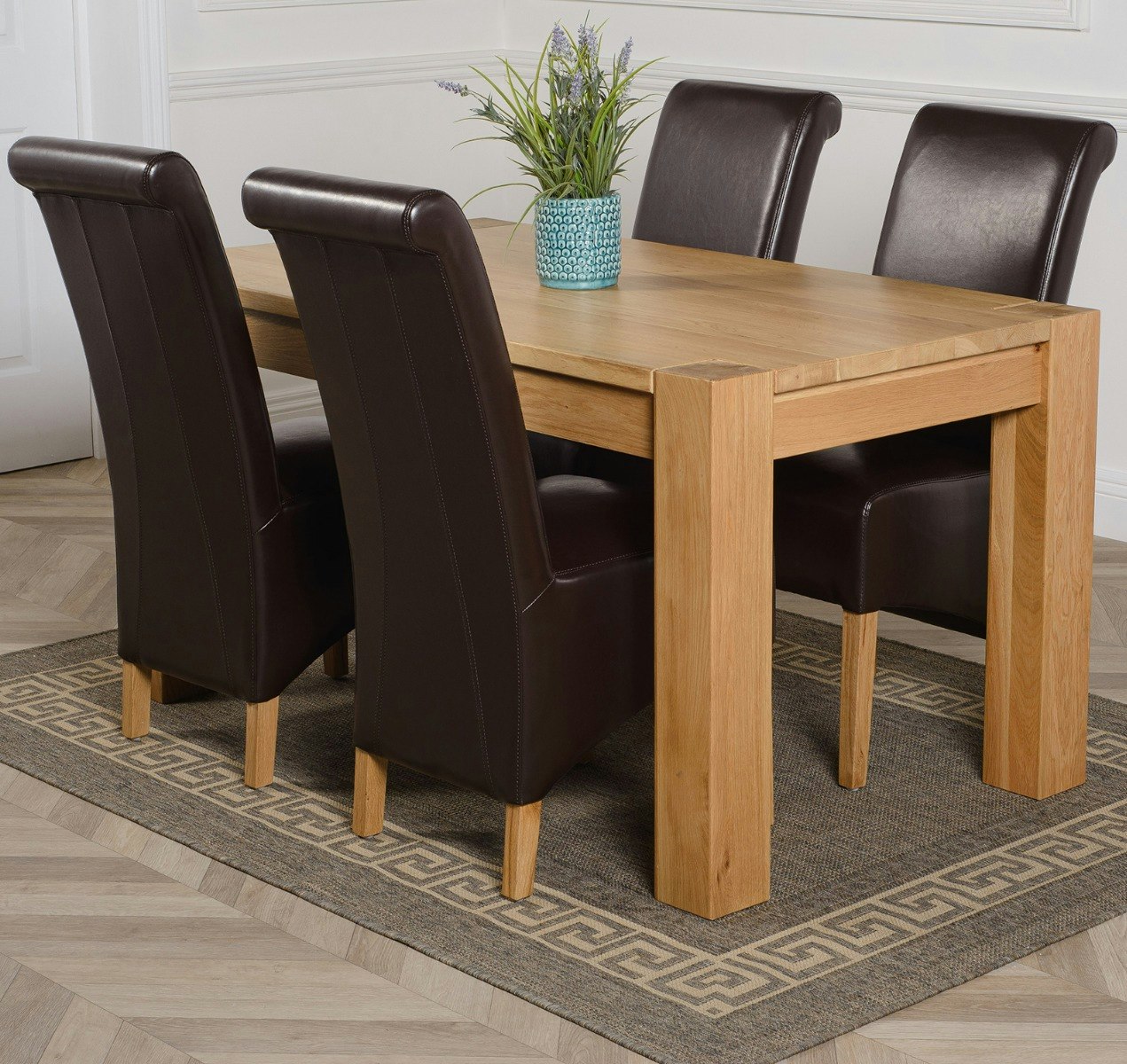 Oak Dining Table and 4 Chairs Set - 150x85cm Chunky Medium Oak Dining Set with Brown Leather Chairs - Kuba - Image 3