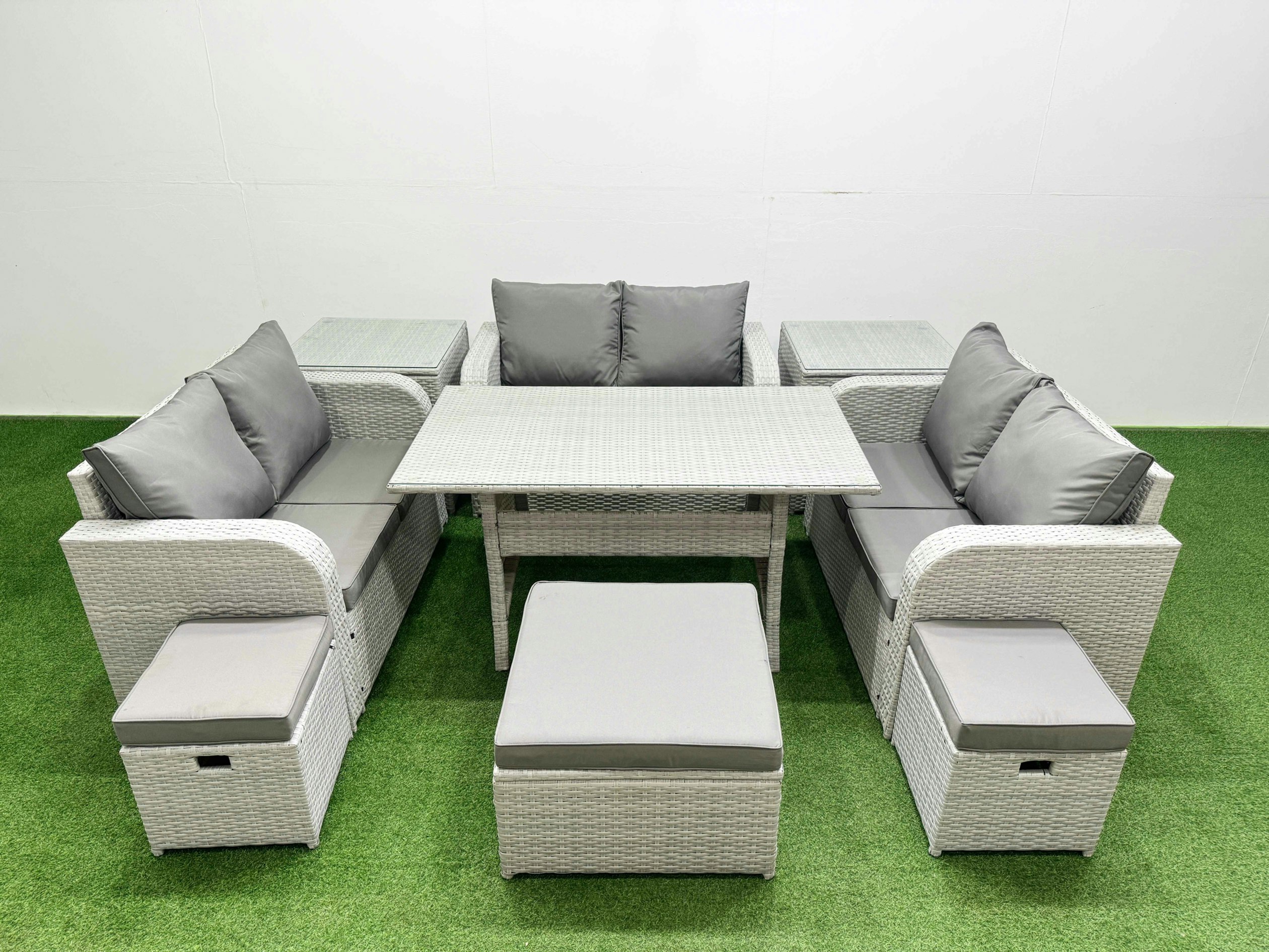Rackhams Light/Grey 9 Seater Pe Wicker Rattan Furniture Sofa Sets With Rectangular Dining Table 2 Seater Love Sofa 3 Stool 2 Side Table