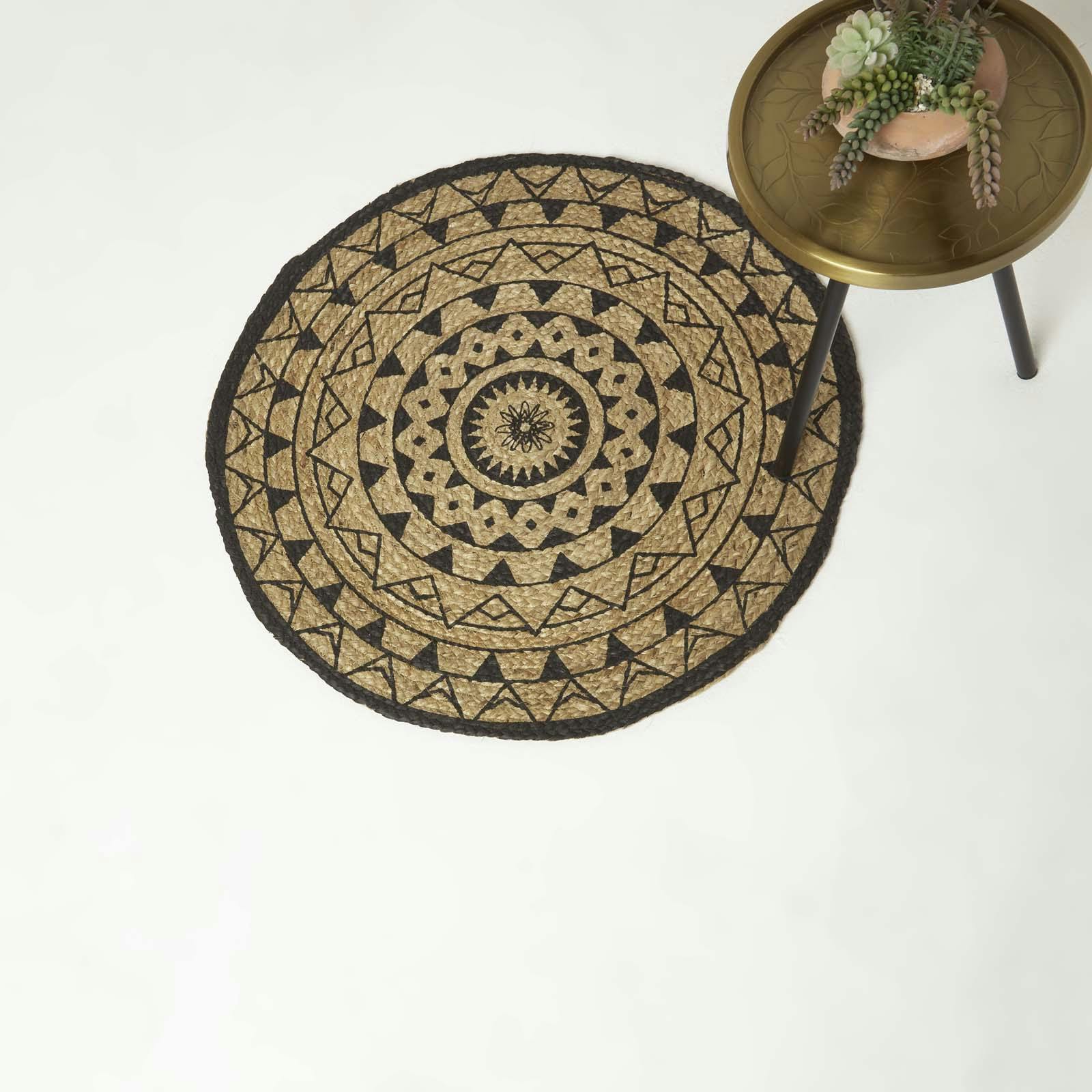 Homescapes Black Natural & Mandala Braided Jute Rug - 70 Cm Round