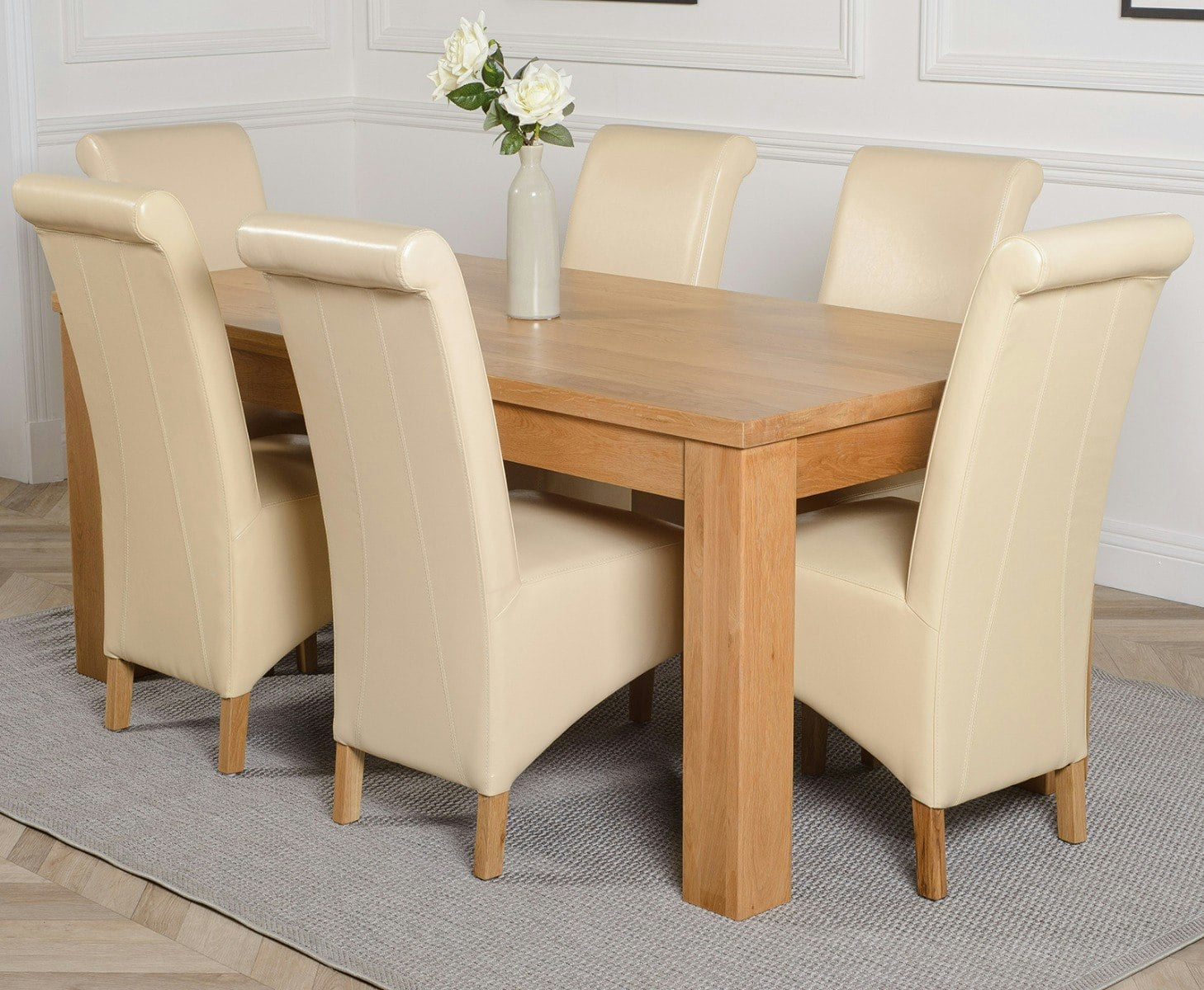 That's Furniture Ivory Dakota Large Oak Dining Table With Montana Leather Chairs - 6 Chairs