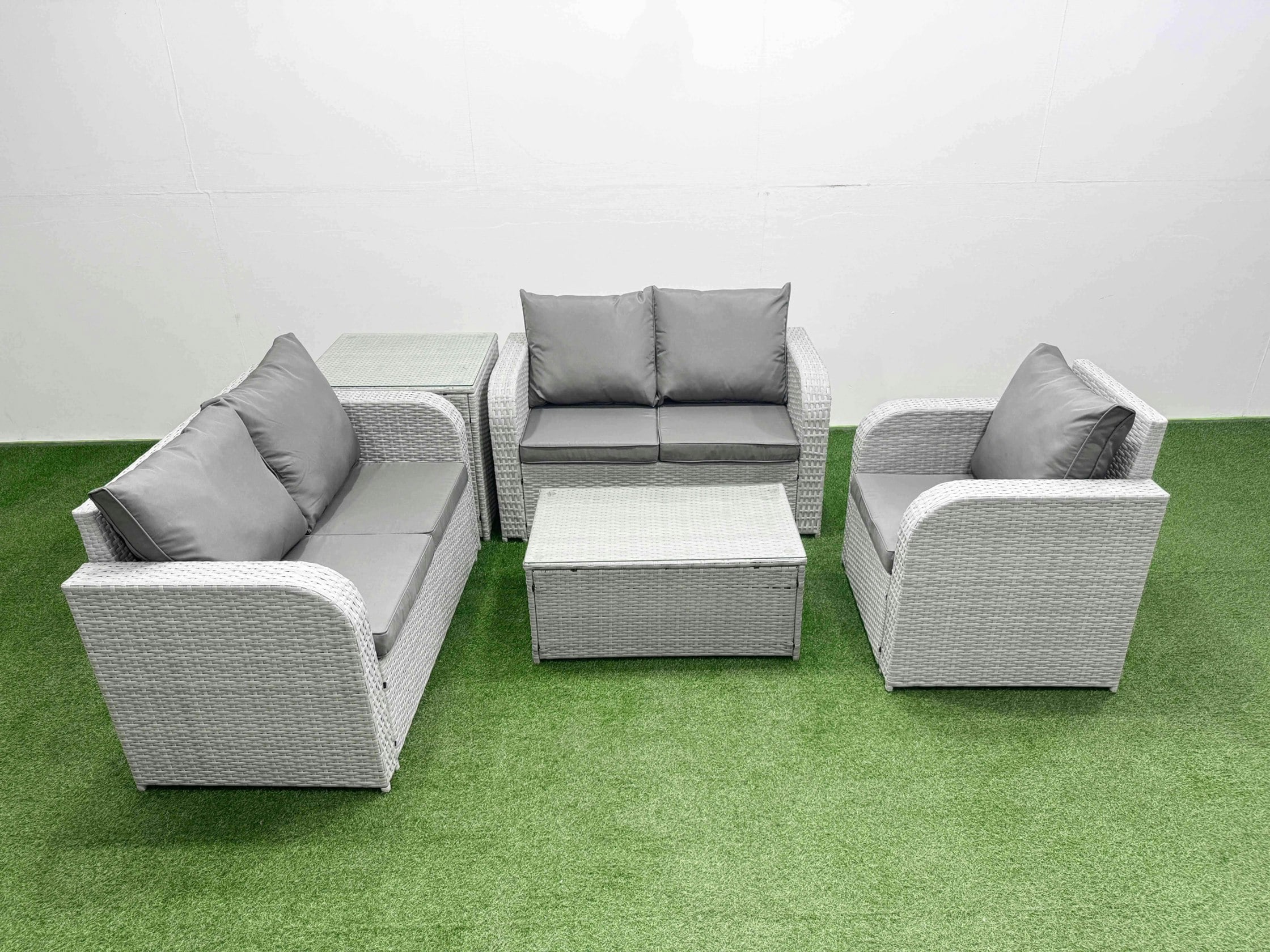 Rackhams Light/Grey High Back Poly Rattan Garden Furniture Set - Indoor/Outdoor Patio Set With Reclining Chair & Rectangular Coffee Table