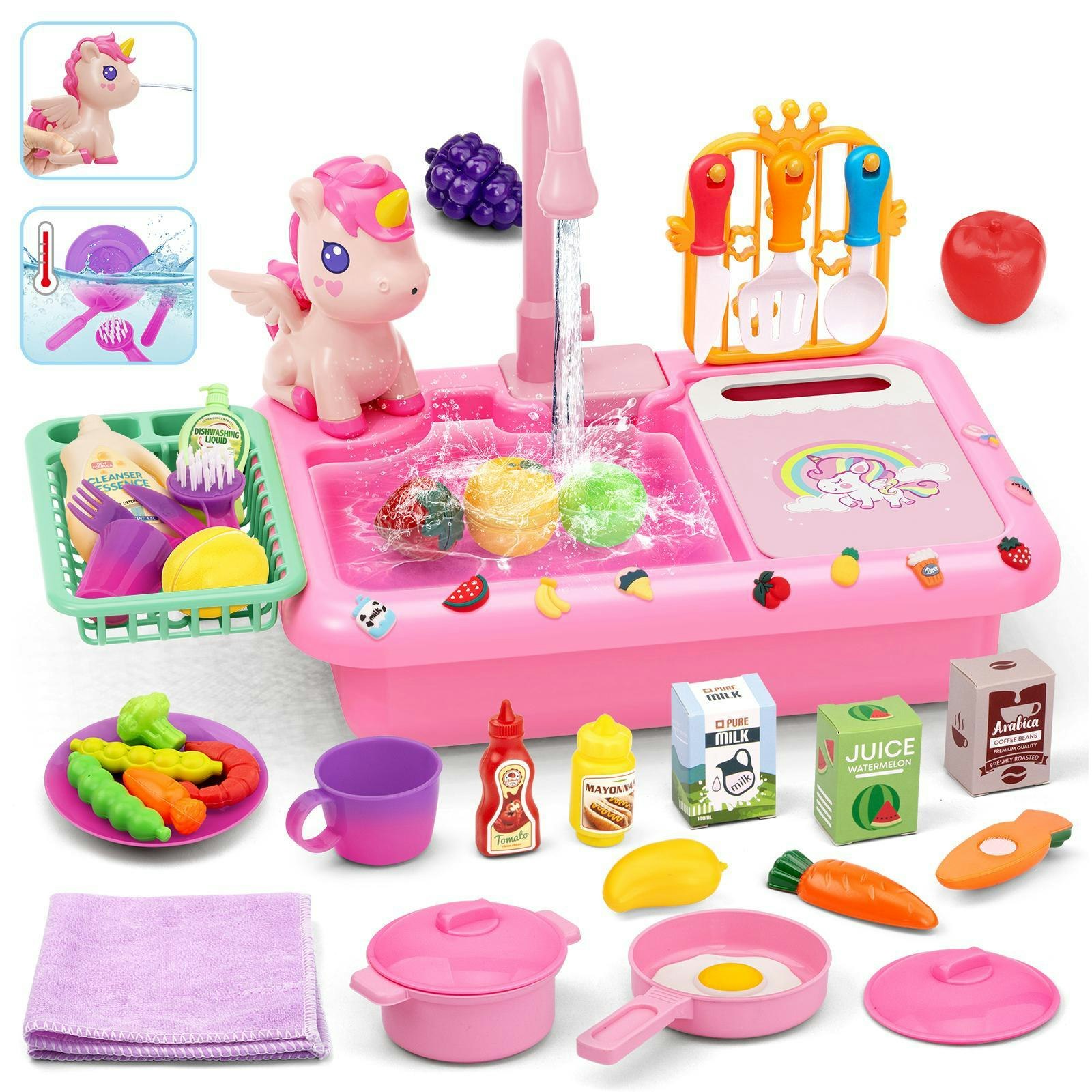 Deao Toys Unicorn Kitchen Sink Playset – Pretend Food, Cookware, Hanging Rack & Storage. Fun Role-Play Toy For Kids