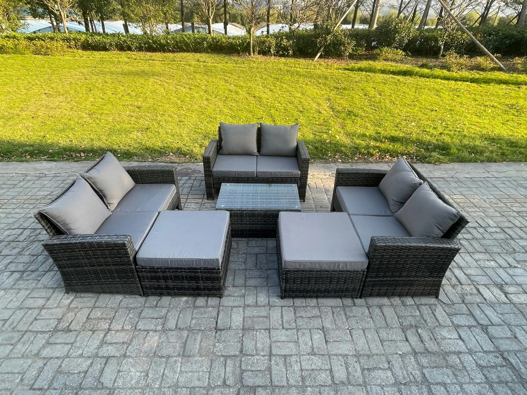 Fimous Dark/Grey Rattan Garden Furniture Set 8 Seater Patio Outdoor Lounge Sofa Set With Rectangular Coffee Table 2 Big Footstool Mixed
