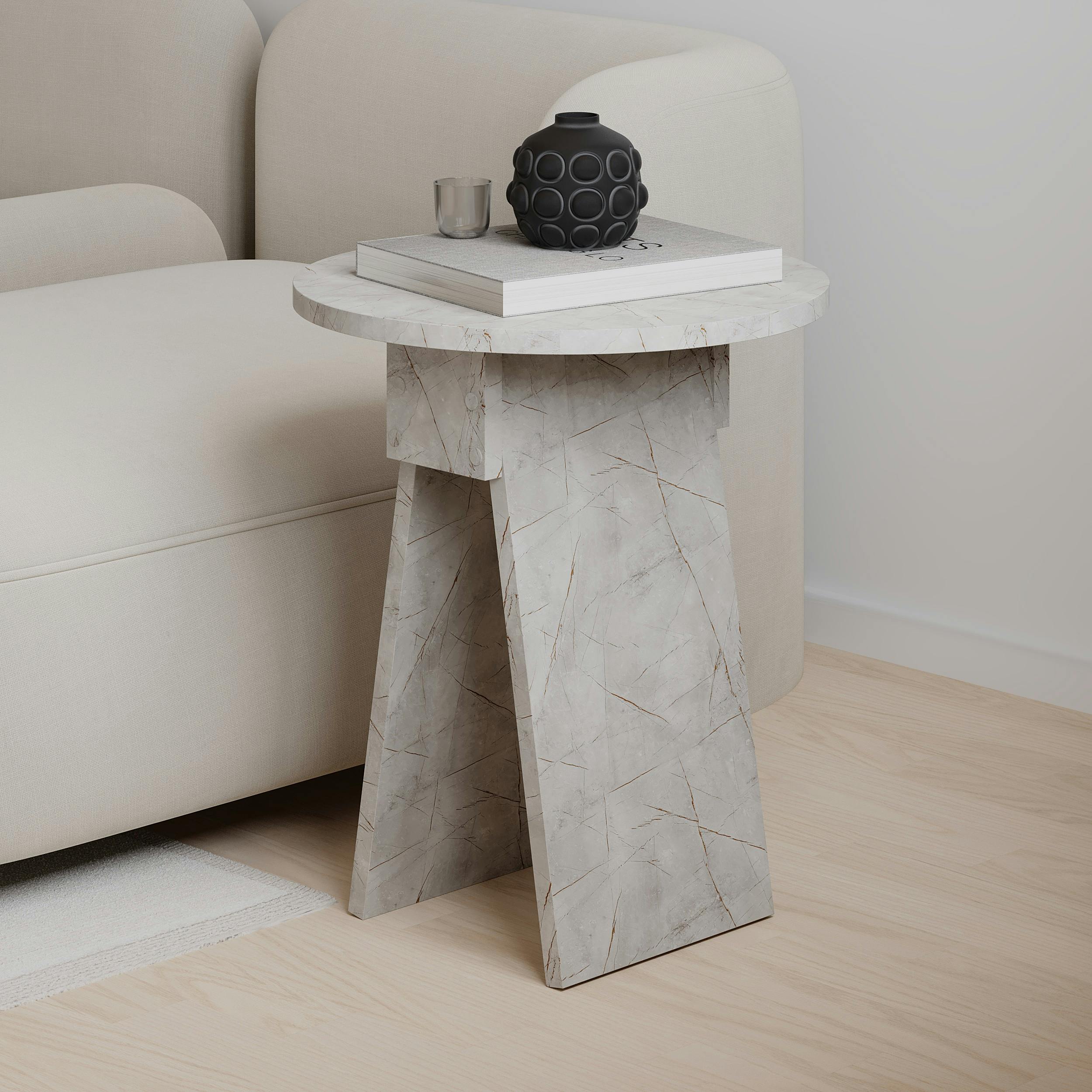Decortie Gold Modern Chen Side Table Round Shape Particle Board 2 Legs Coffee Table 42(W)X42(D)X50(H) Cm - Marble Effect