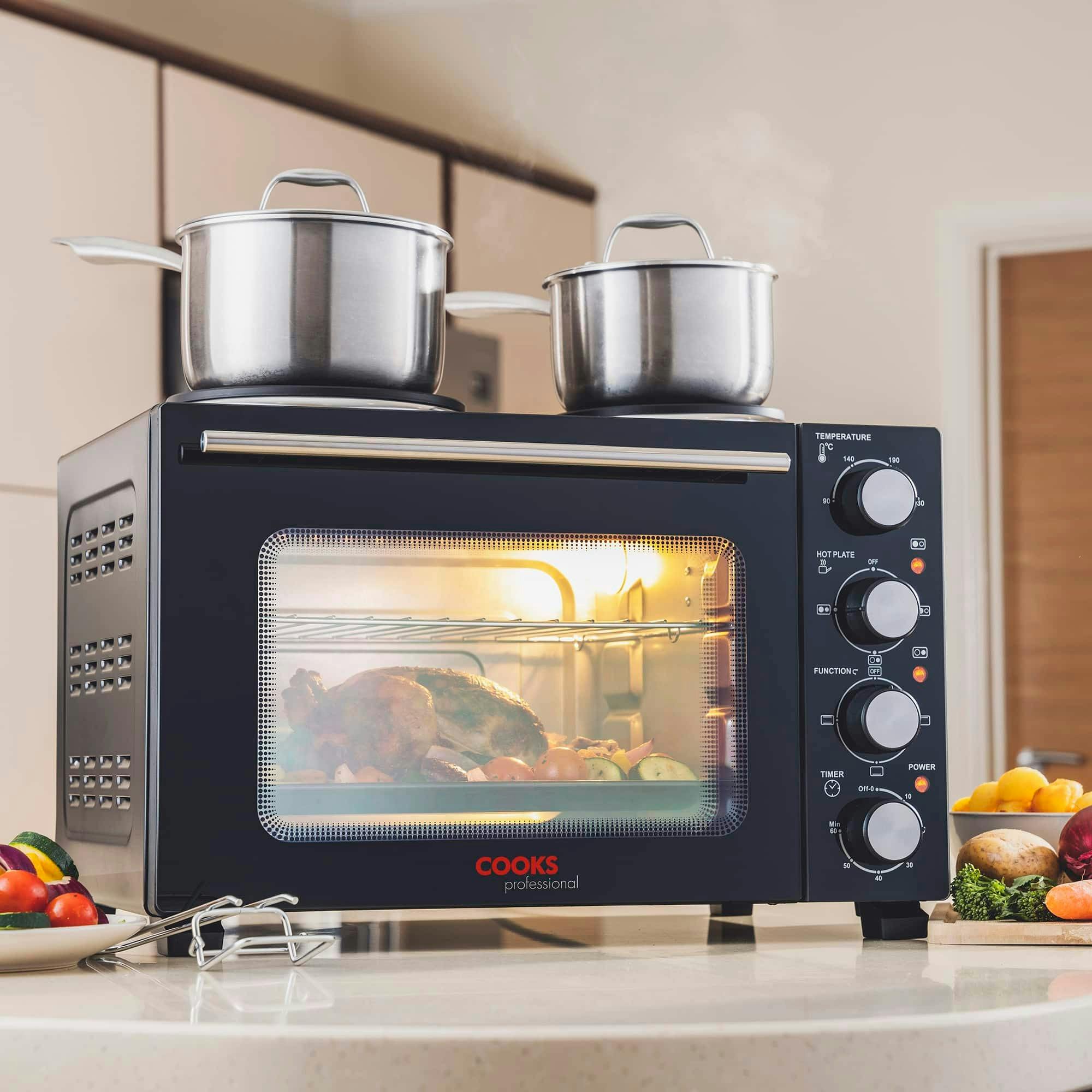 Cooks Professional Black/Silver 28L Mini Oven With 2 Hobs |