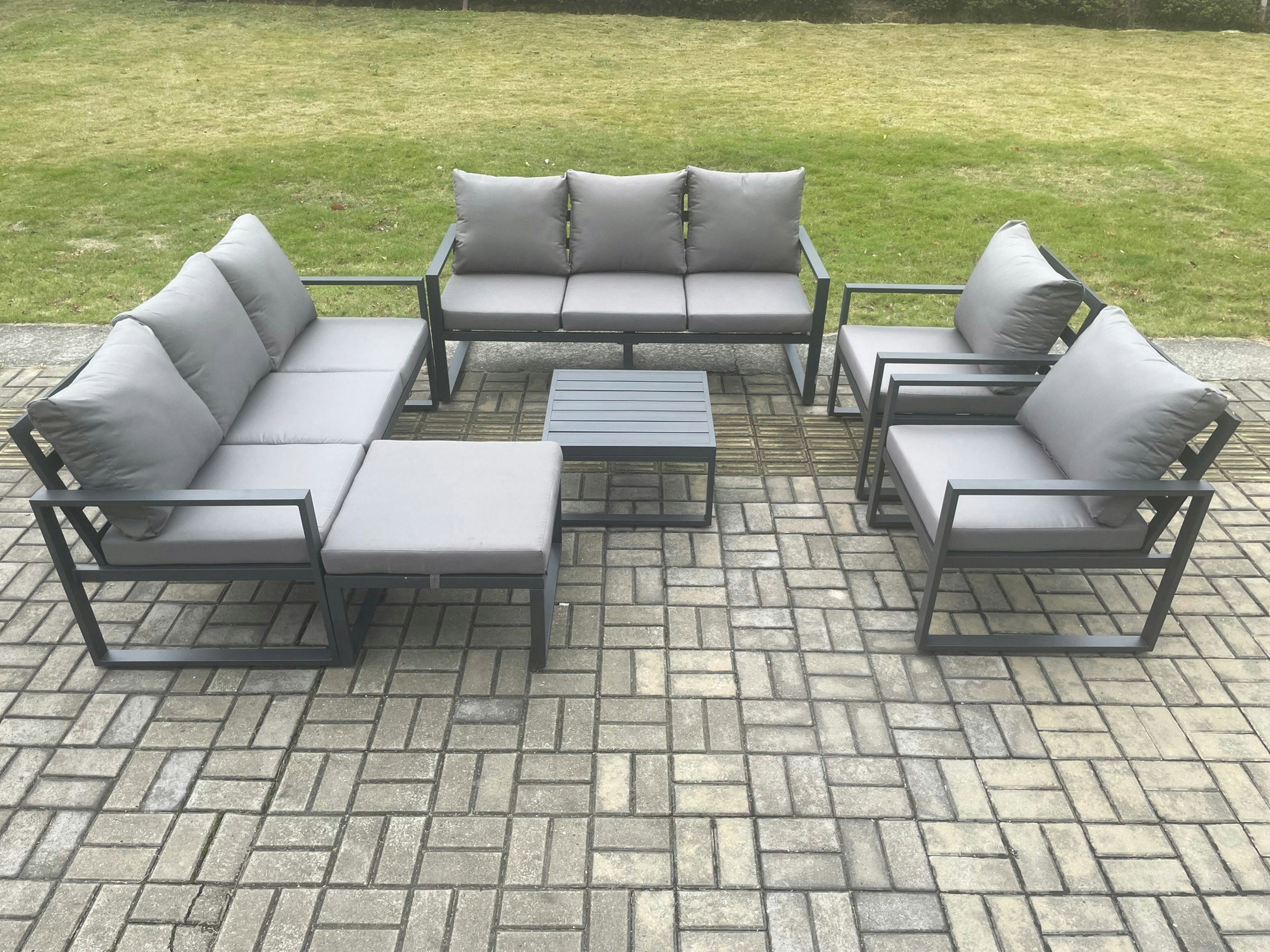 Fimous Dark/Grey Aluminium Patio Outdoor Garden Furniture Lounge Sofa Set With Square Coffee Table 2 Chairs Big Footstool