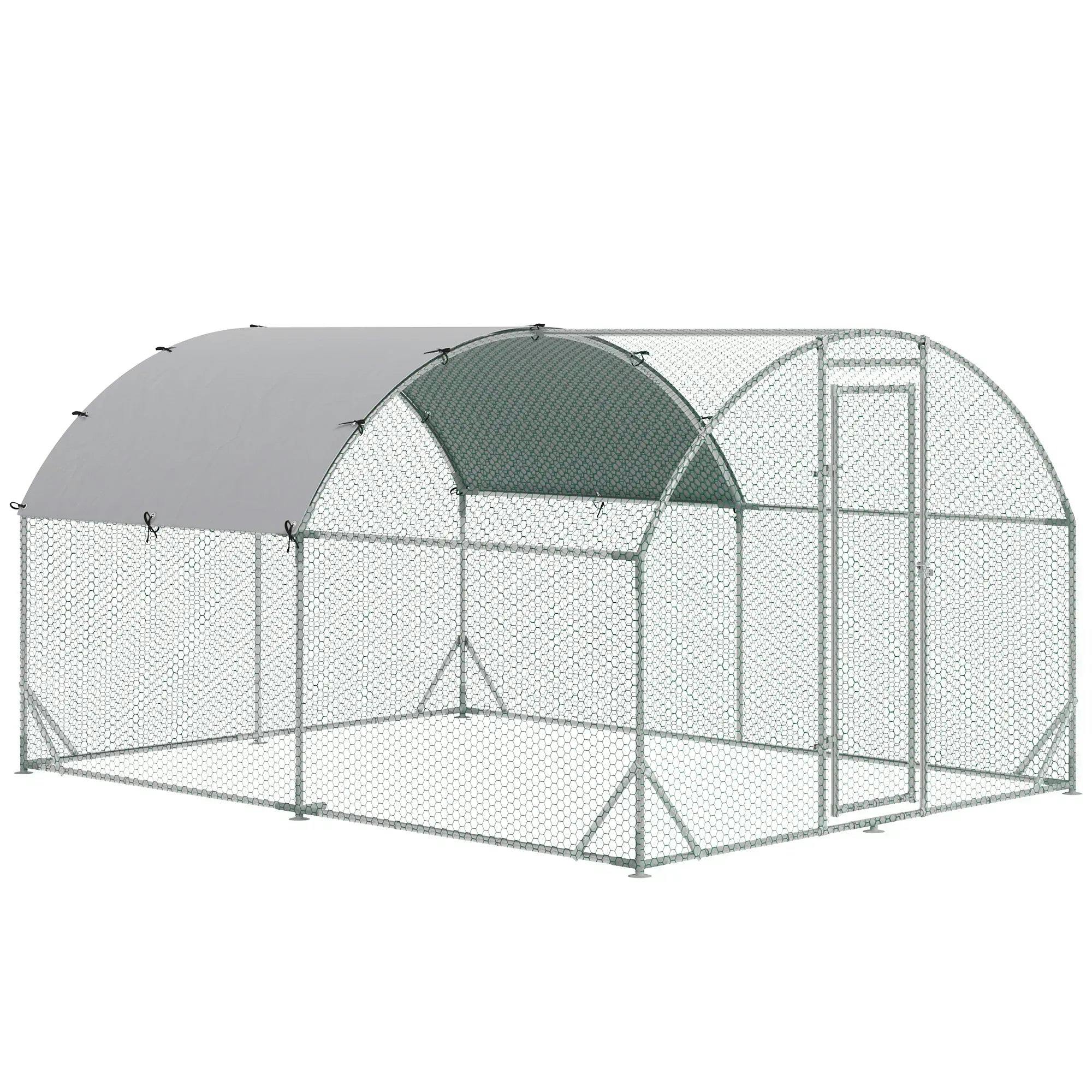 PAWHUT Chicken Run Two-Room Galvanised Chicken Coop Hen House with Cover 2.8 x 3.8 x 2m in Silver - Image 6