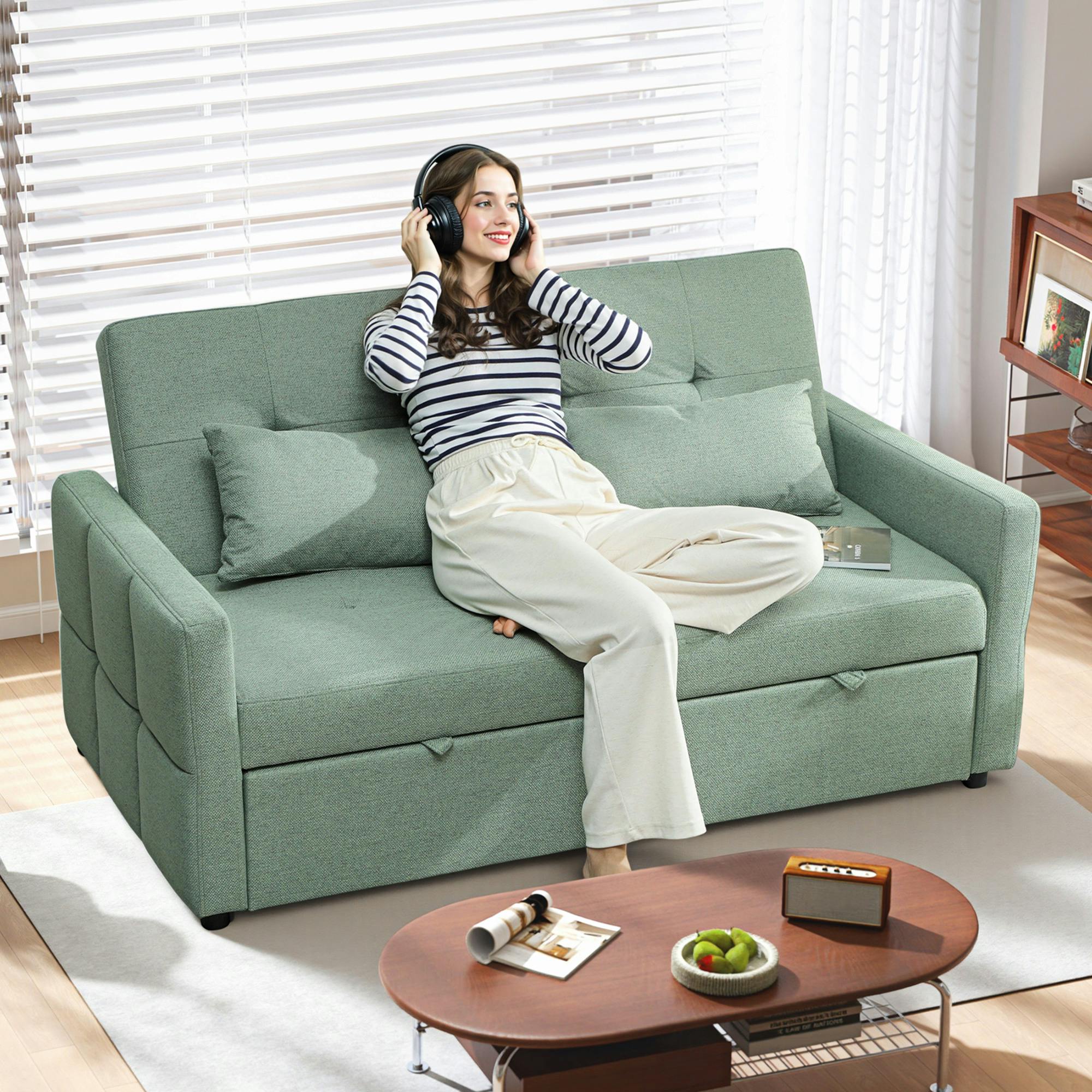Rackhams Light/Grey 2 Seater Sofa Bed, Convertible Pull Out Bed Settee, - Green - Sofa Bed - 158W X 85D X 85H Cm