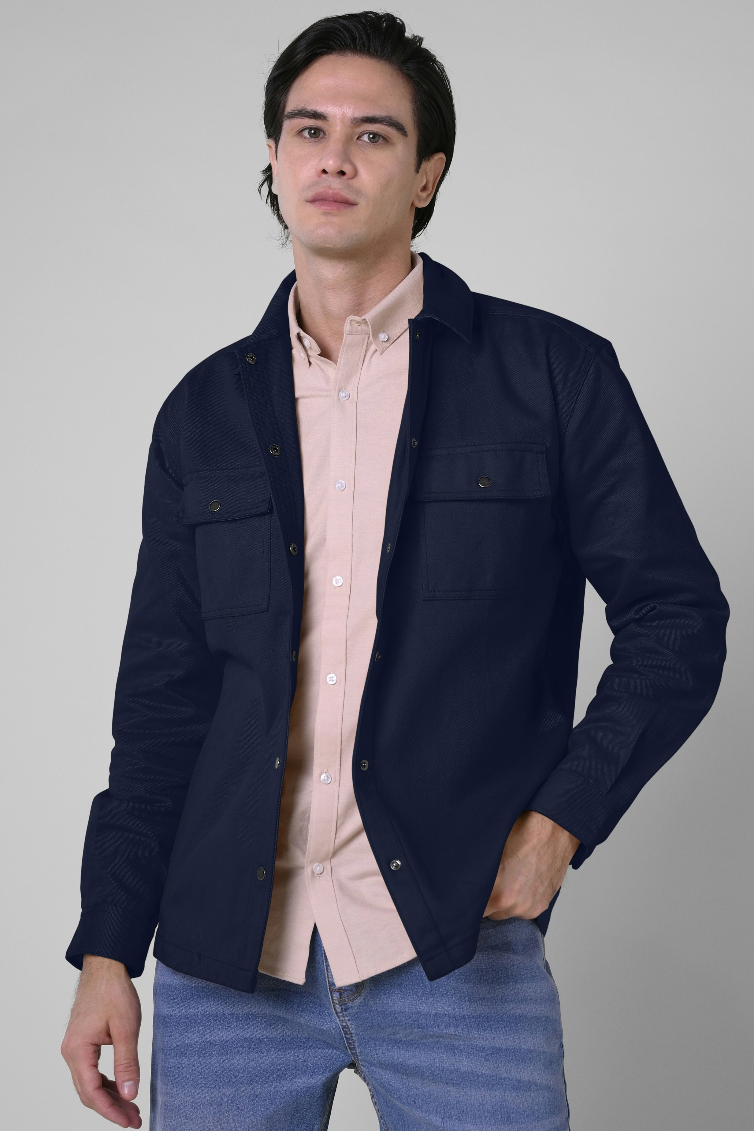 Enorsia Men's Premium Cotton Twill Oversized Shirt - L - Navy - 100% Cotton