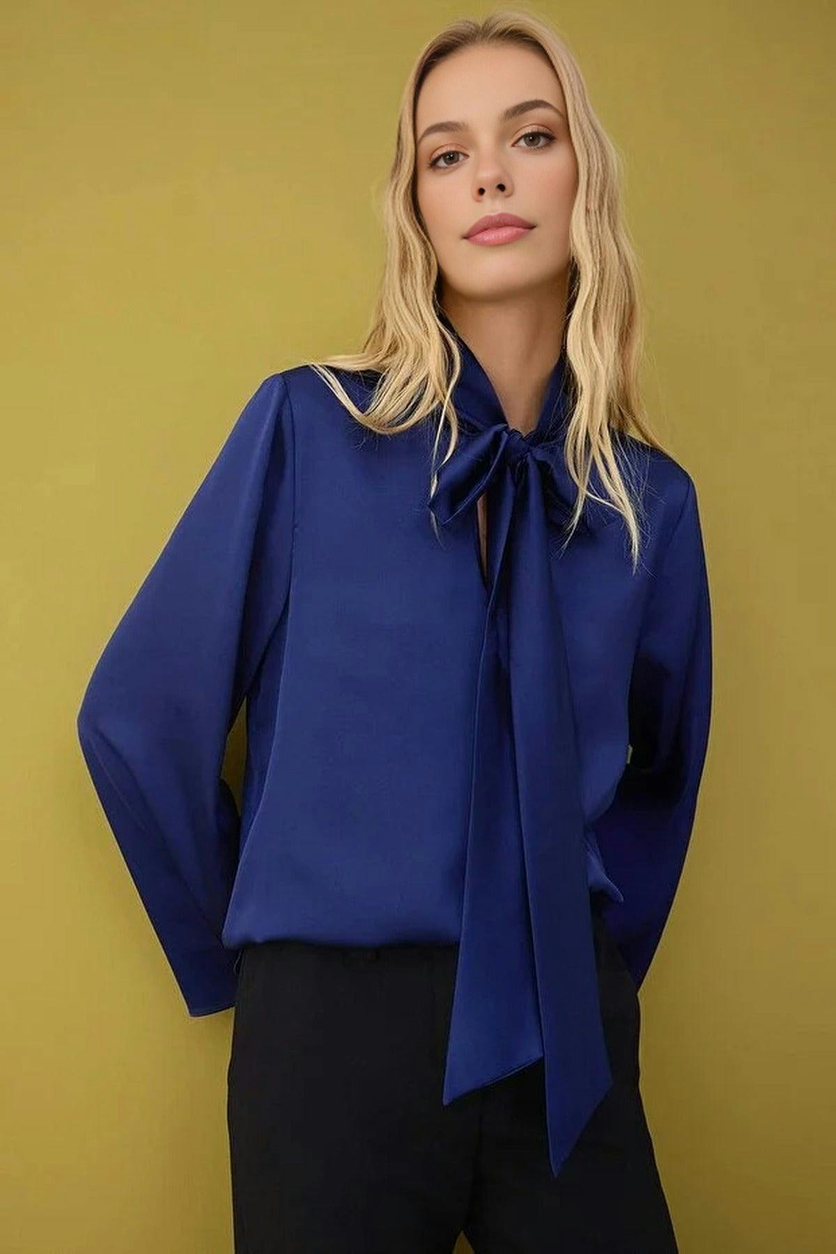 Wovcor Satin Scarf Detail Woven Blouse - Navy - 14