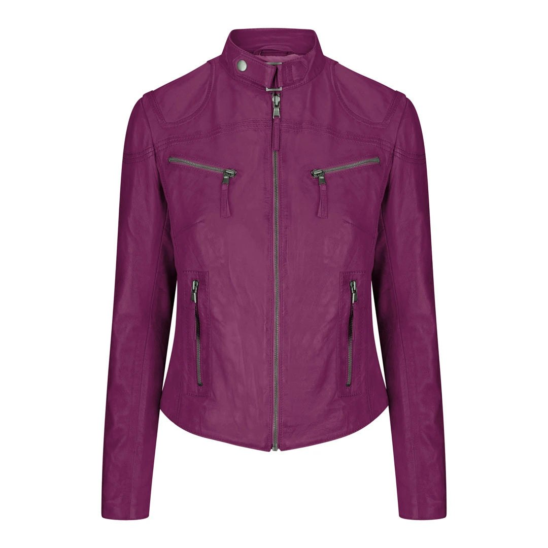 Infinity Leather Women's Brown/Purple Leather Company Leather Fitted Biker Jacket - Uk 12