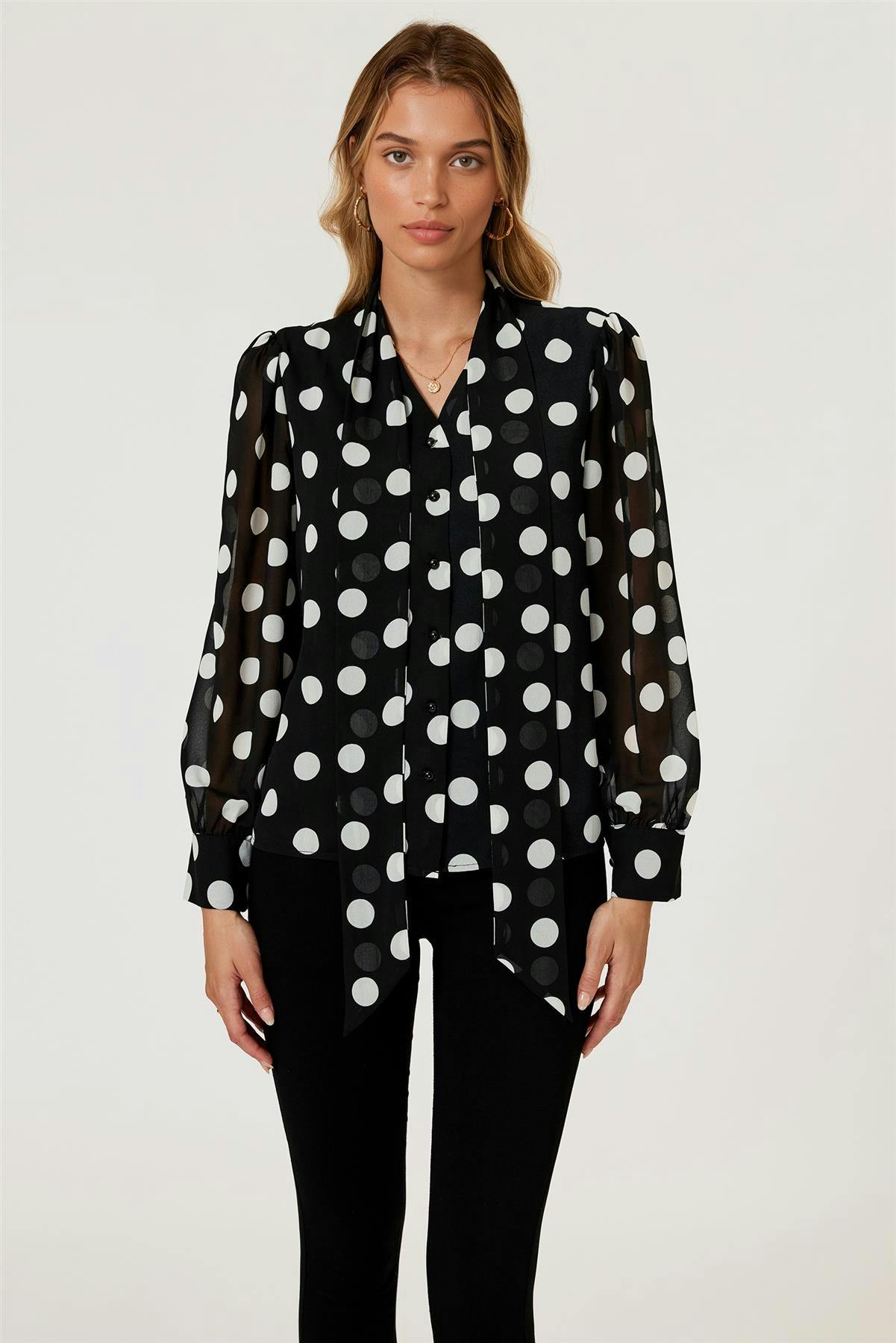 Fs Collection Black Dot Print Tie Detail Long Sleeve Blouse Top In - S