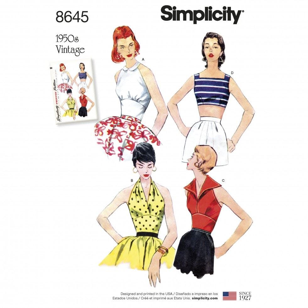 Simplicity Women's Sewing Pattern 8645, Tops, Vintage Style For D5 (4-6-8-10-12) - Intermediate - R5 (14-16-18-20-22)