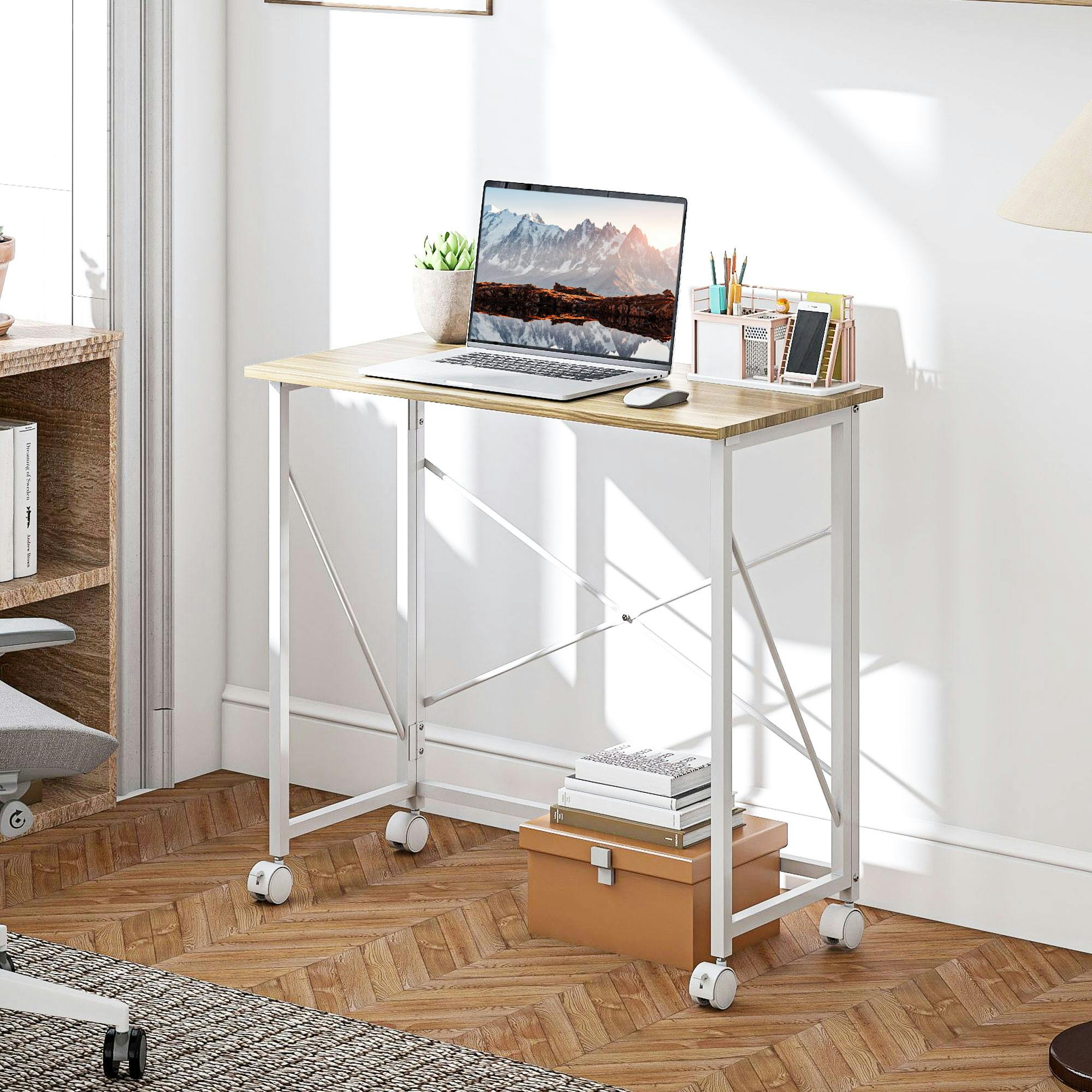 HOMCOM Foldable Desk with Wheels - Natural Wood - Small - Brown - Image 7