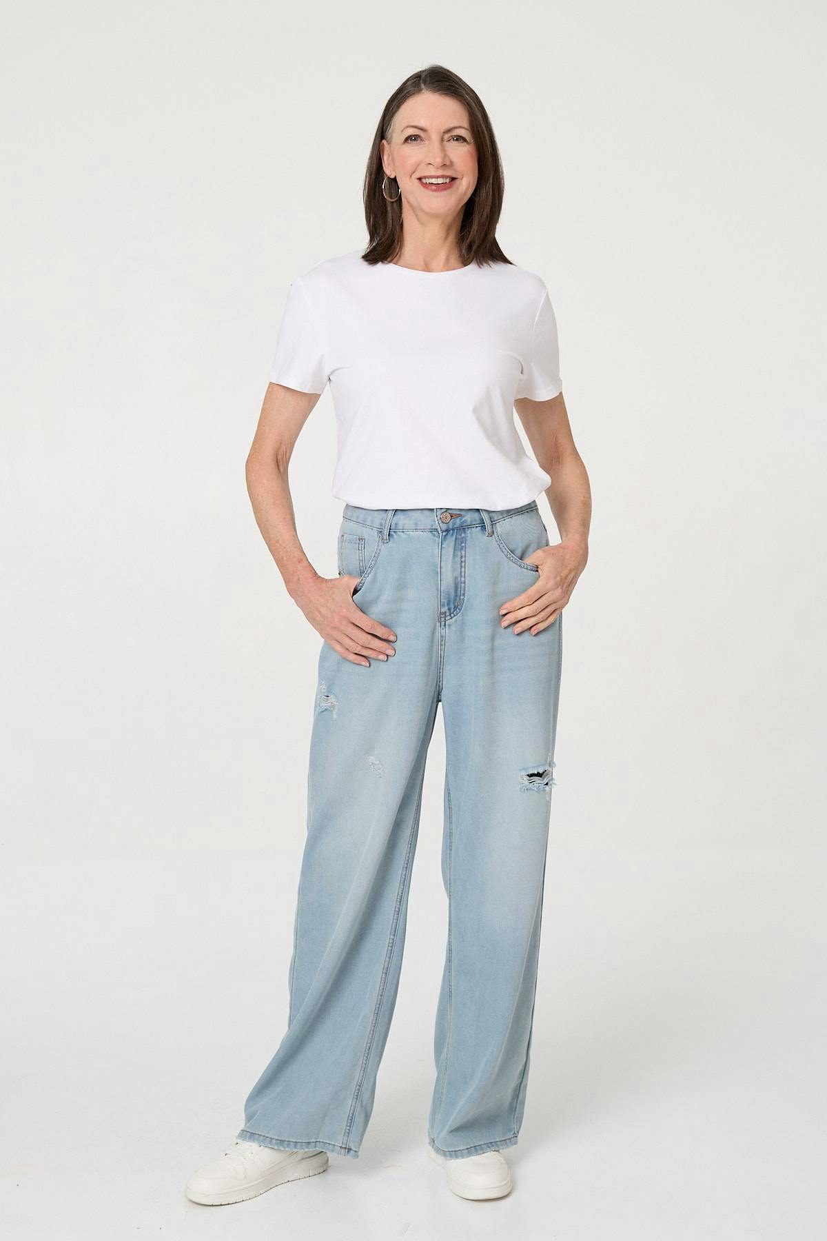 Izabel London Blue High Waist Ripped Detail Relaxed Jeans - 12