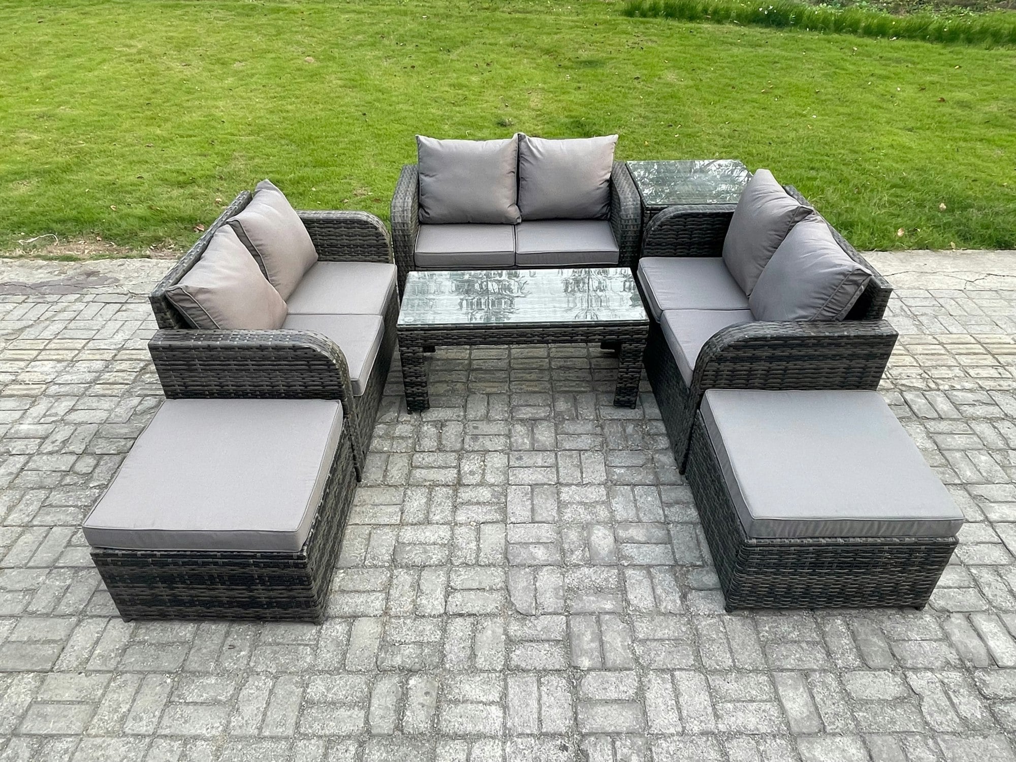 Rackhams Dark/Grey 7-Piece Rattan Garden Furniture Set - Mixed Wicker Sofa With Rectangular Coffee Table & 2 Big Footstools