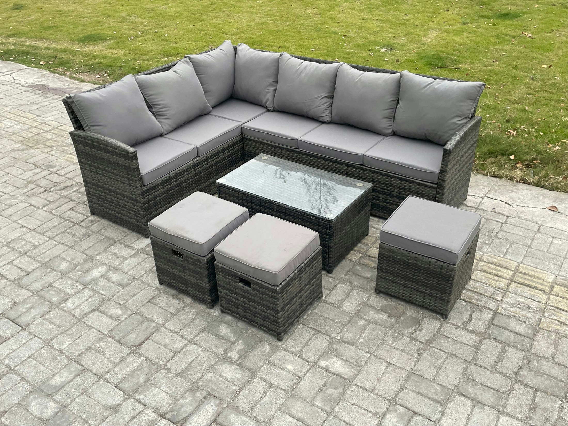 Fimous Dark/Grey Rattan Lounge Corner Sofa Set Wicker Pe Outdoor Garden Furniture Set With Rectangular Coffee Table 3 Small Footstools Mixed