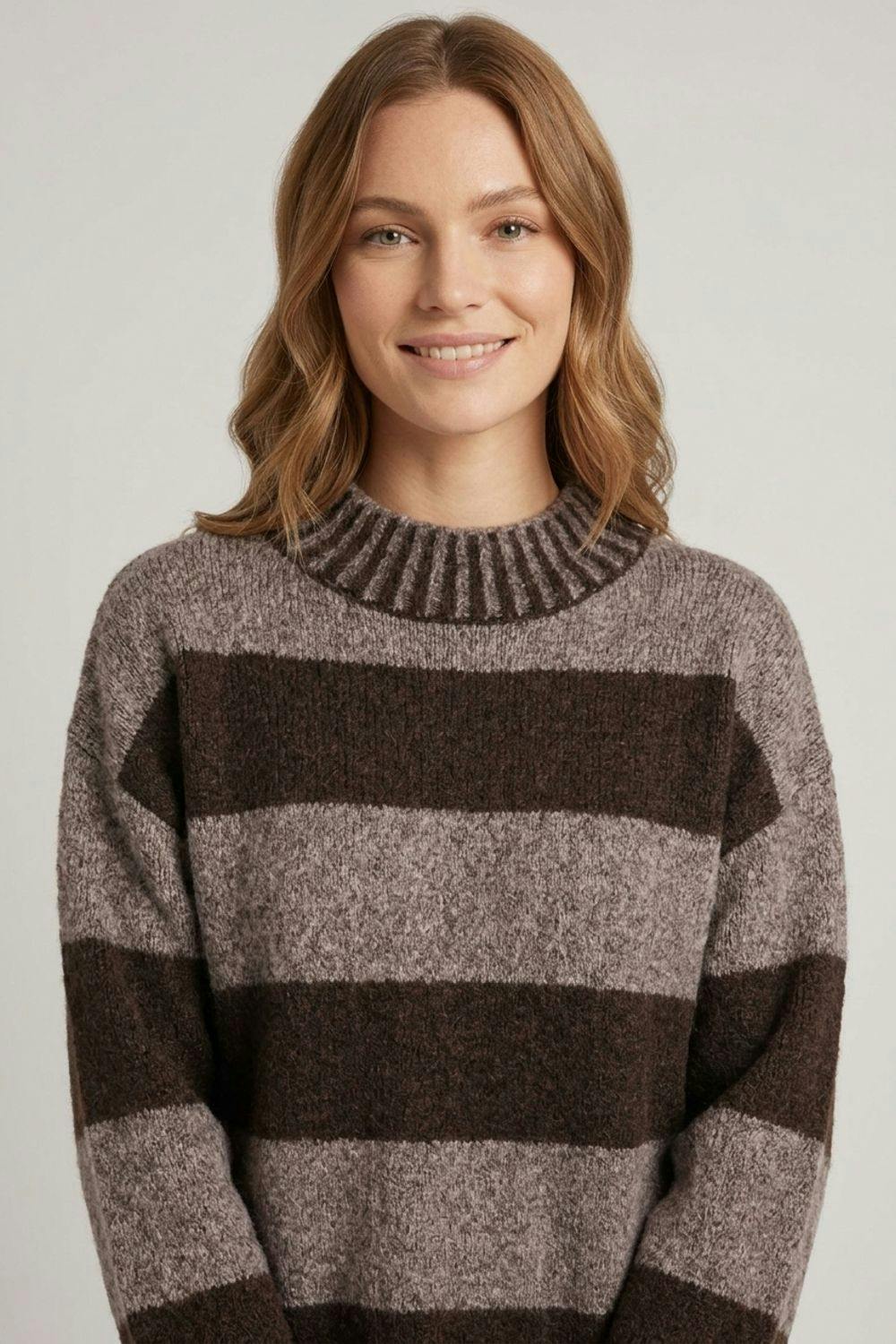 Izabel London Striped Drop Shoulder High Neck Jumper - Chocolate - S/M
