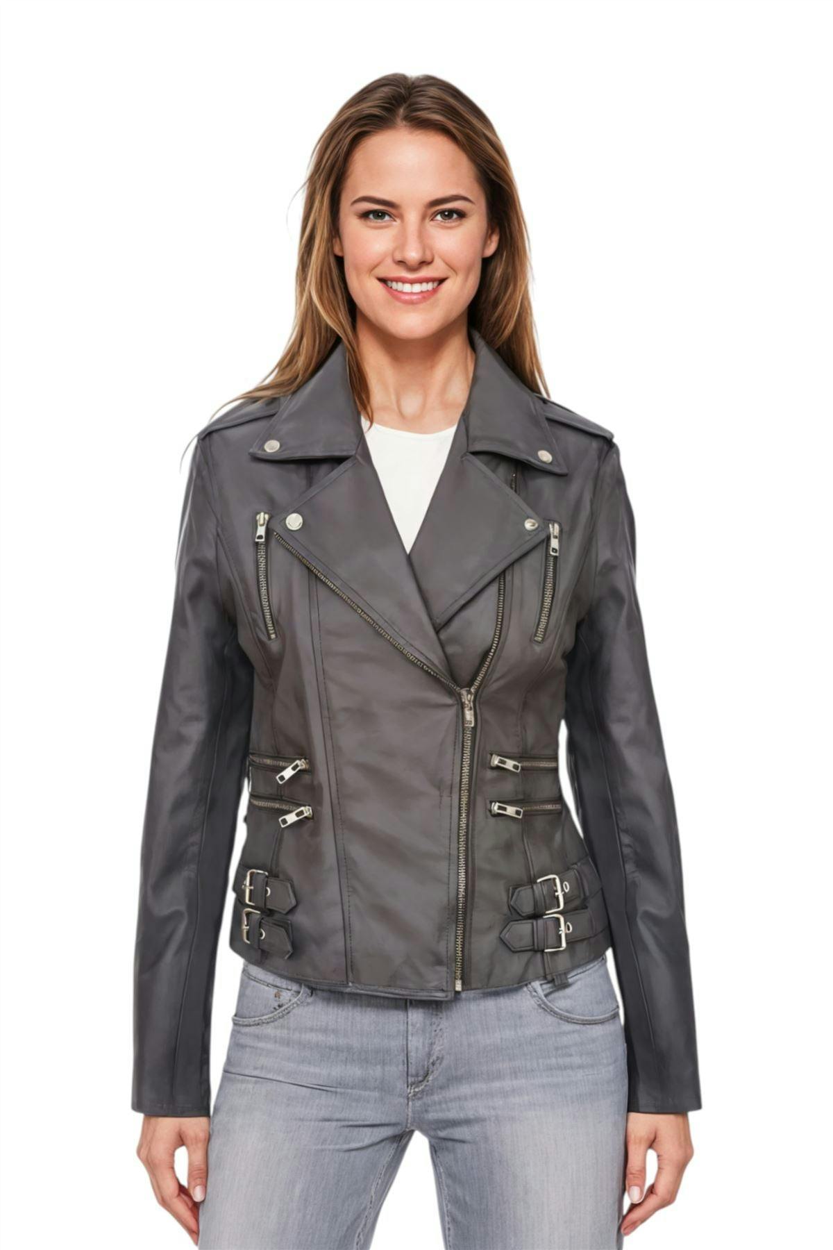 Infinity Leather Women's Grey Leather Brando Biker Jacket - Orlando - Uk 2XL/18 | Eu 44 | Us 14