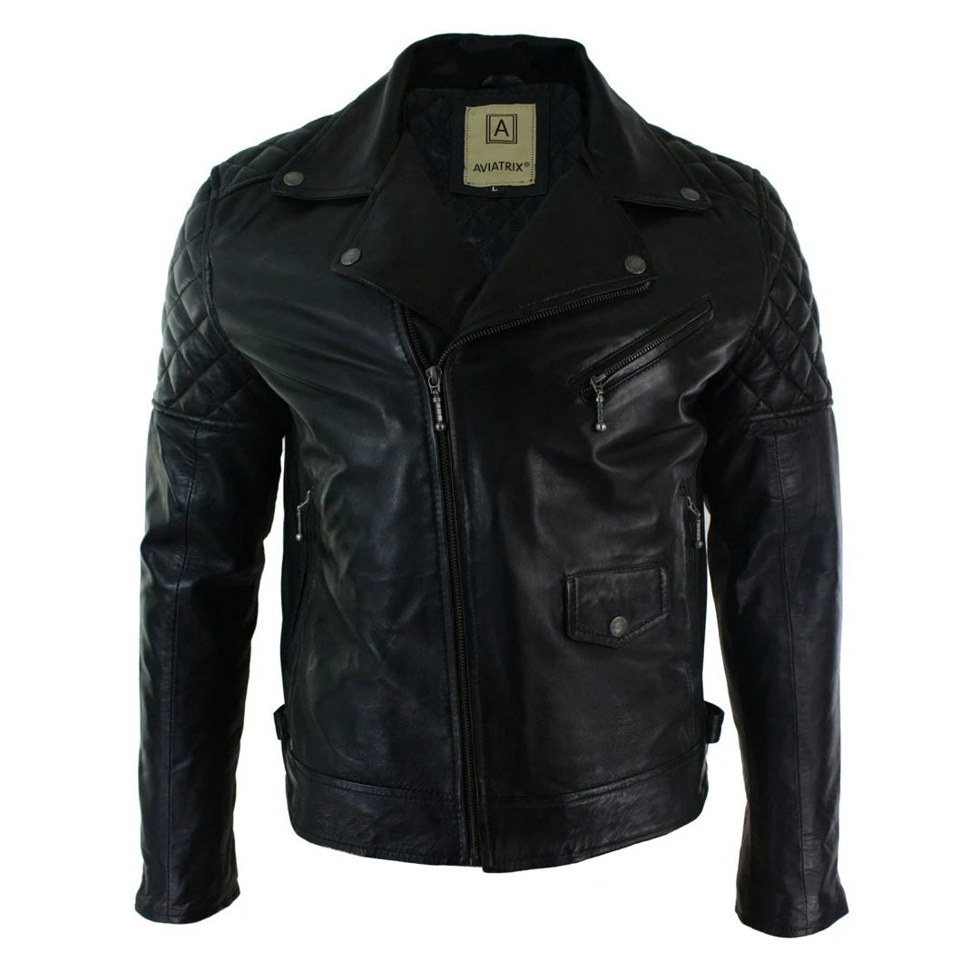 Aviatrix Men's Brown/Black Washed Leather Biker Jacket Cross Zip - 5XL