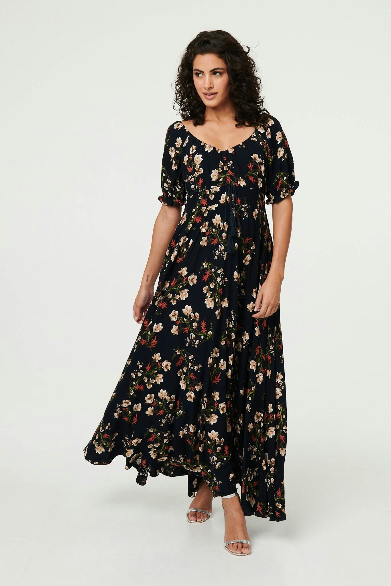 Izabel London Floral Bardot Shirred Empire Maxi Dress - 14 - Navy
