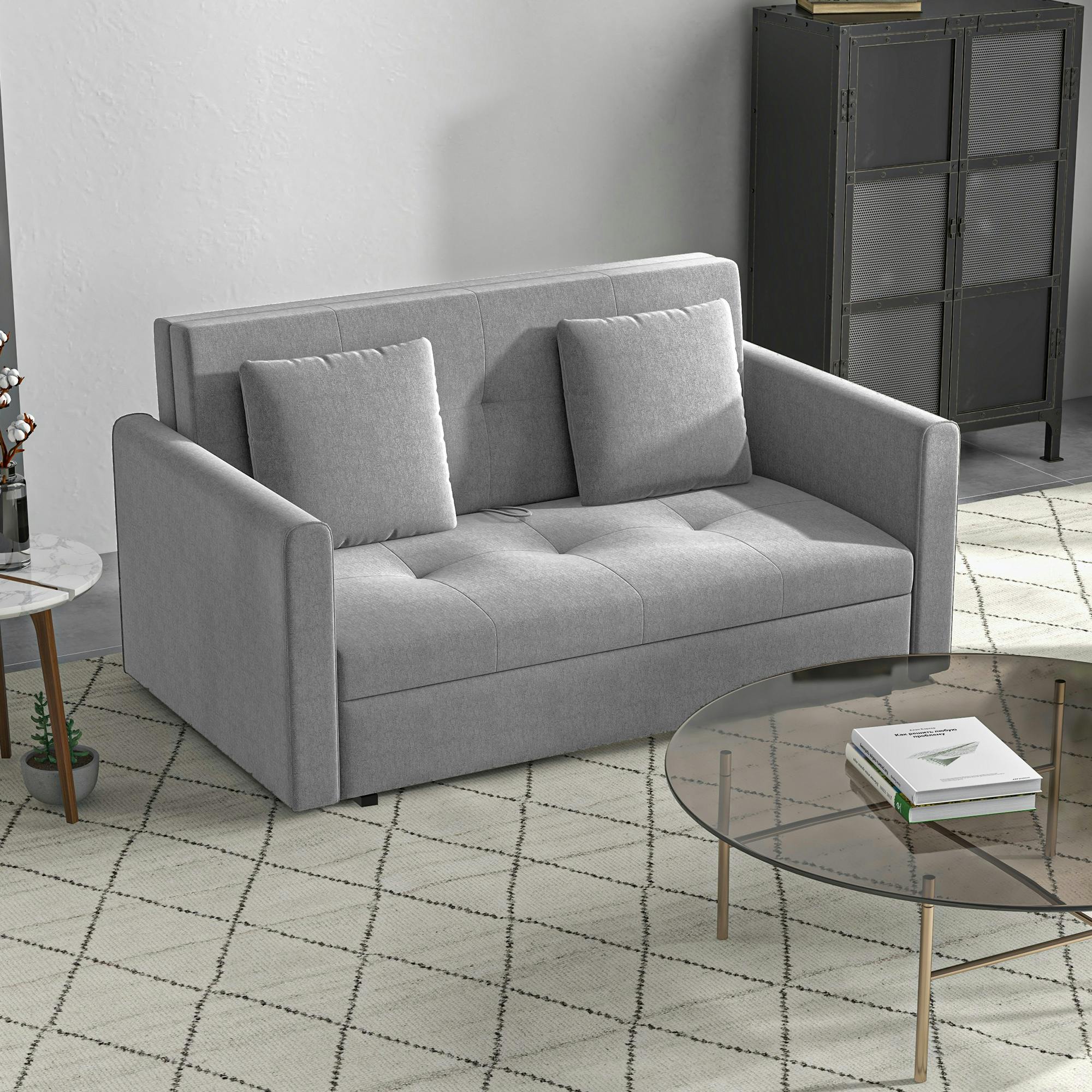 Homcom Grey 2 Seater Sofa Bed Convertible Bed Settee 2 Cushions Storage
