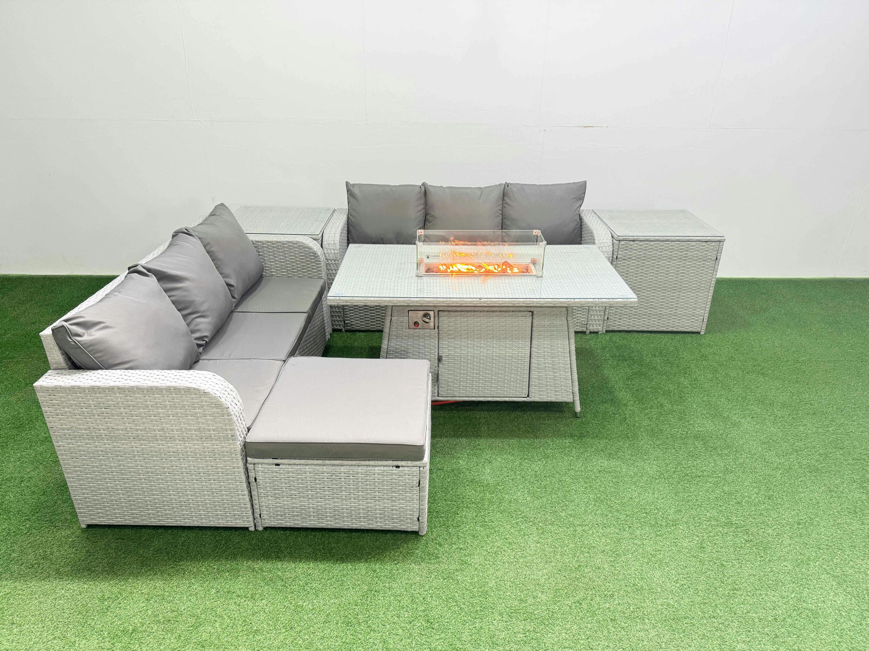 Fimous Light/Grey 7 Seater Wicker Rattan Garden Furniture Patio Set, Firepit Table, High Back Lounge Sofa, Big Footstool, 2 Side Table,