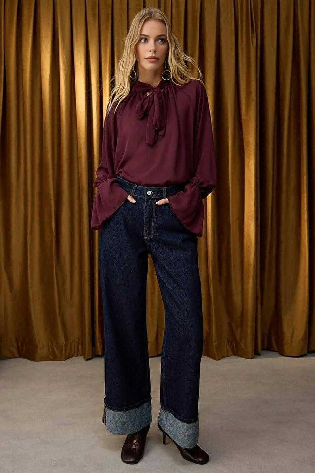 Wovcor Dark/Blue Regular Waist Wide Leg Jeans With Folded Hem - 12