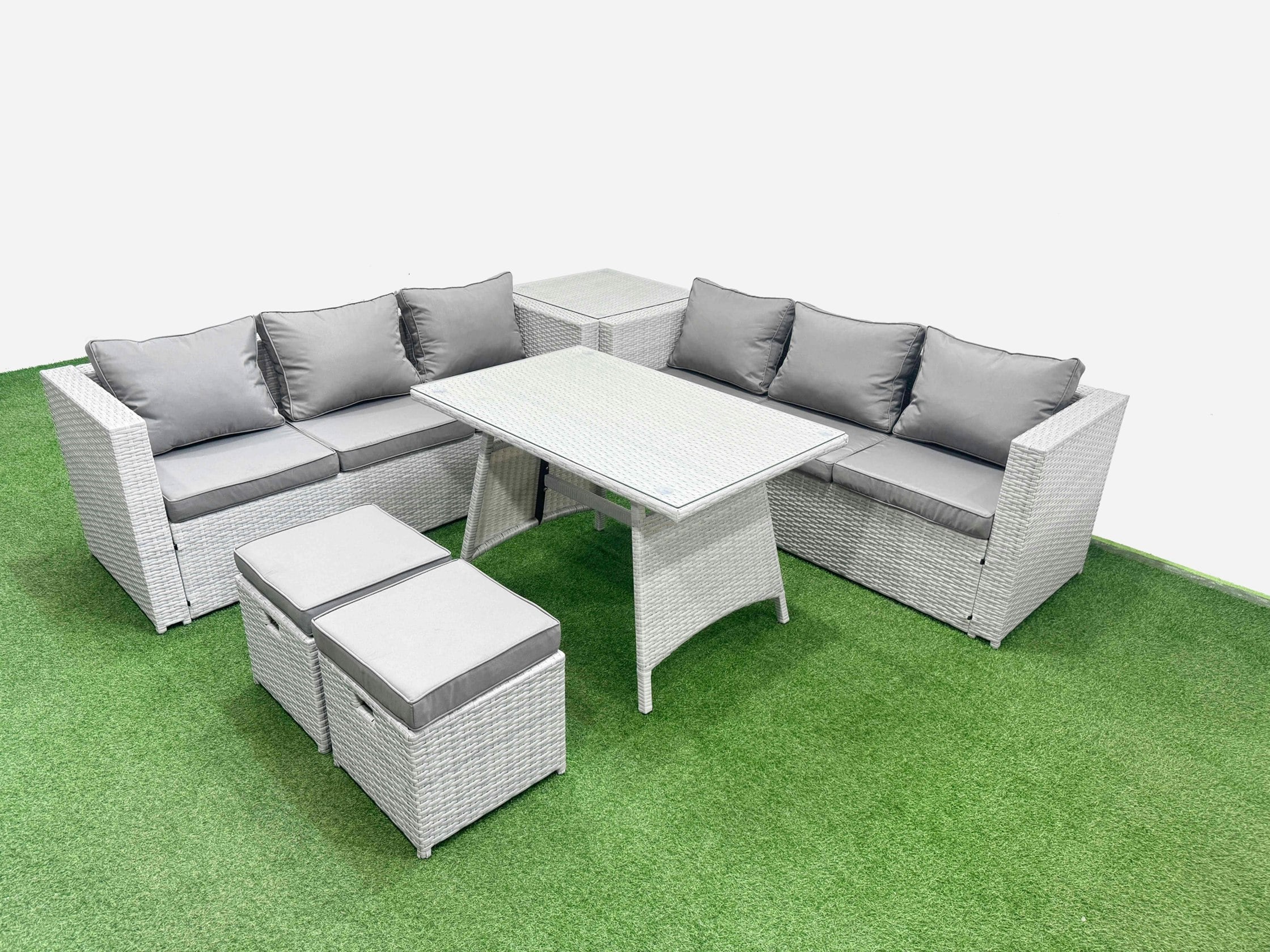 Fimous Light/Grey Rattan Garden Furniture Dining Set 8 Seater Patio Rectangular Table 3 Seater Sofa Set With Side Table 2 Small Stools