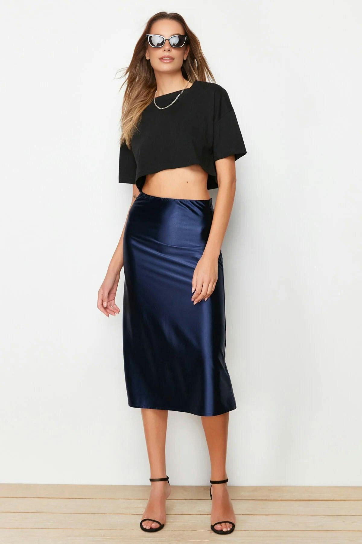Wovcor Women's Satin A-Line Midi Knit Skirt - Navy - Xs