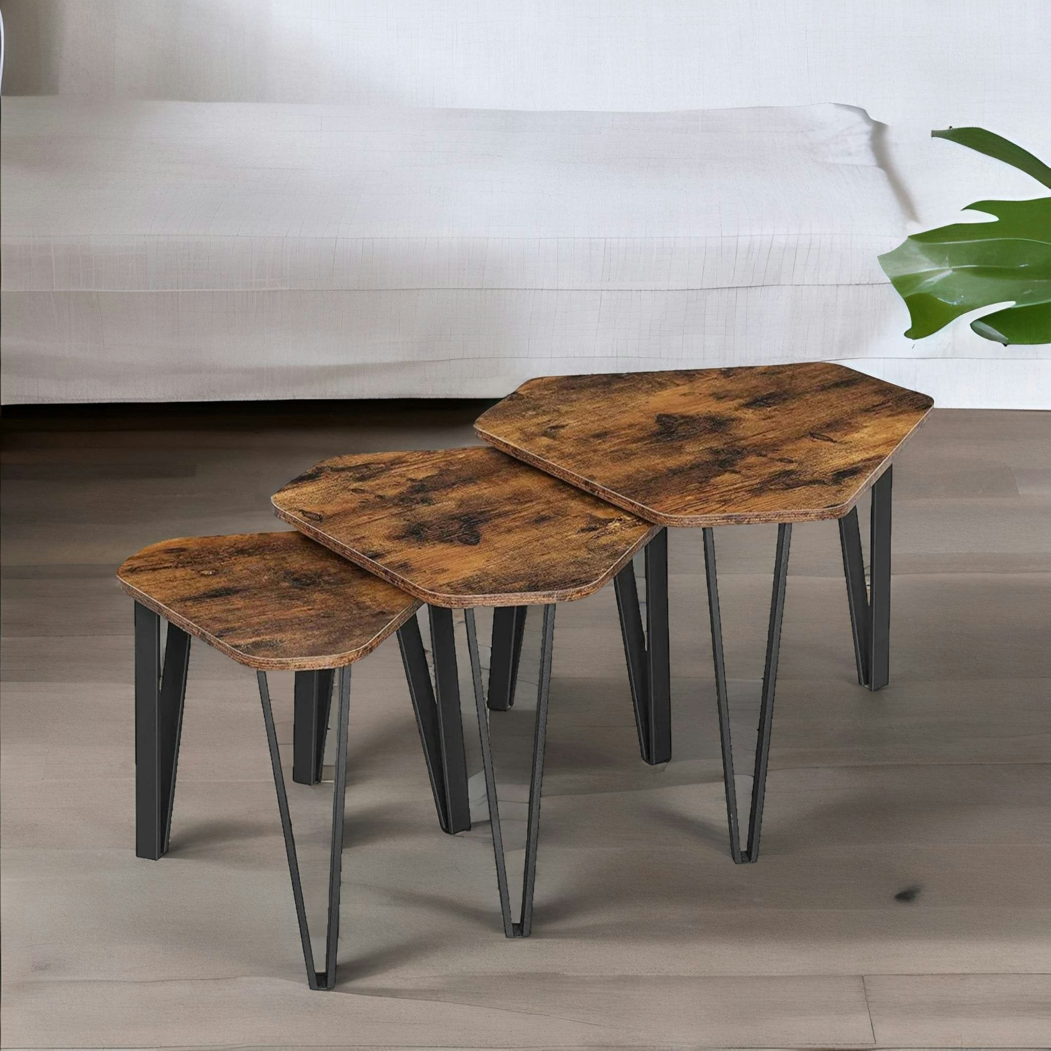 Rackhams Brown Set Of 3 Industrial Nesting Tables Rustic