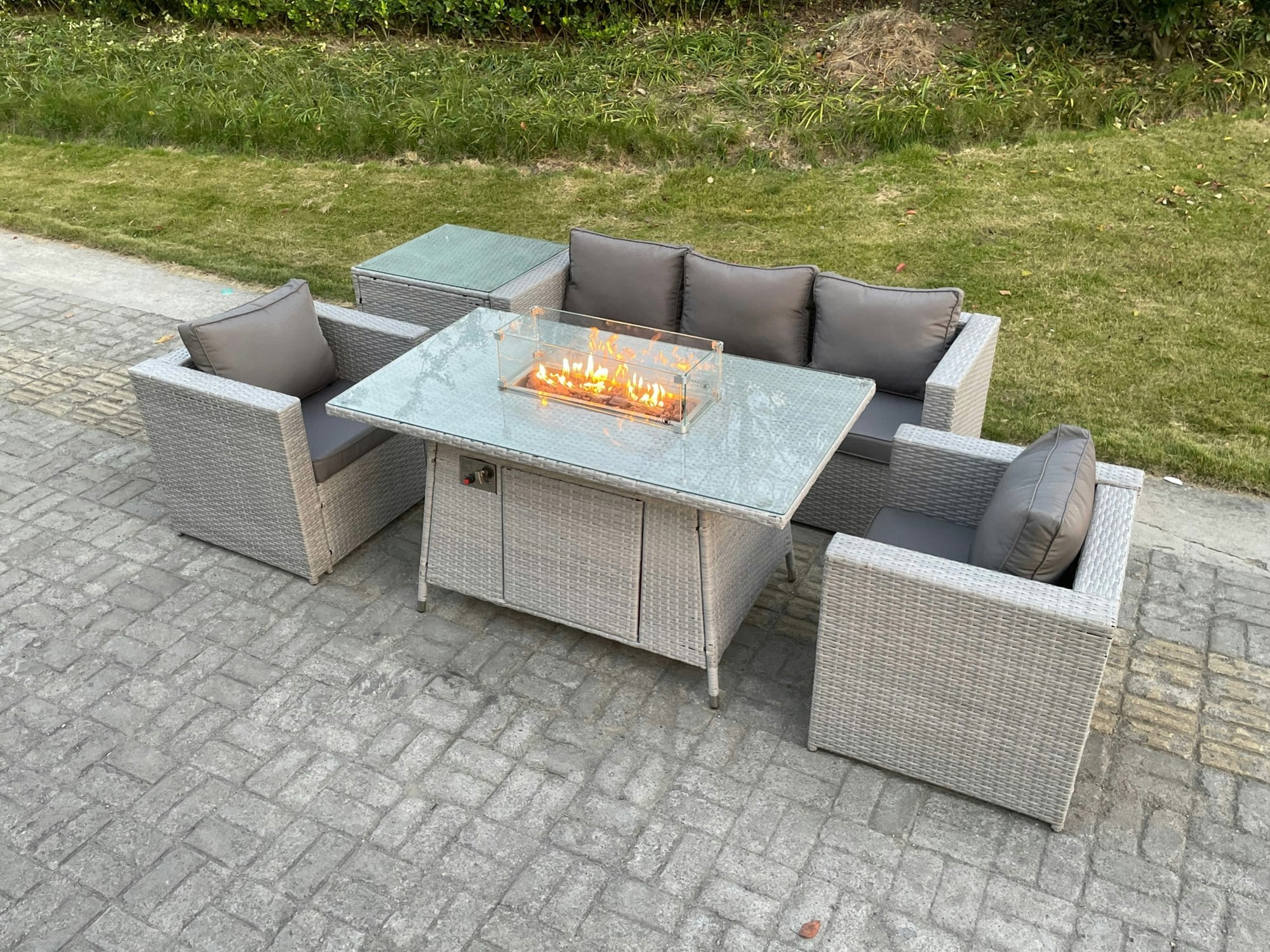 Fimous Light/Grey Corner Rattan Garden Furniture Set Gas Fire Pit Dining Set Heater Lounge Sofa Side Coffee Table Armchairs