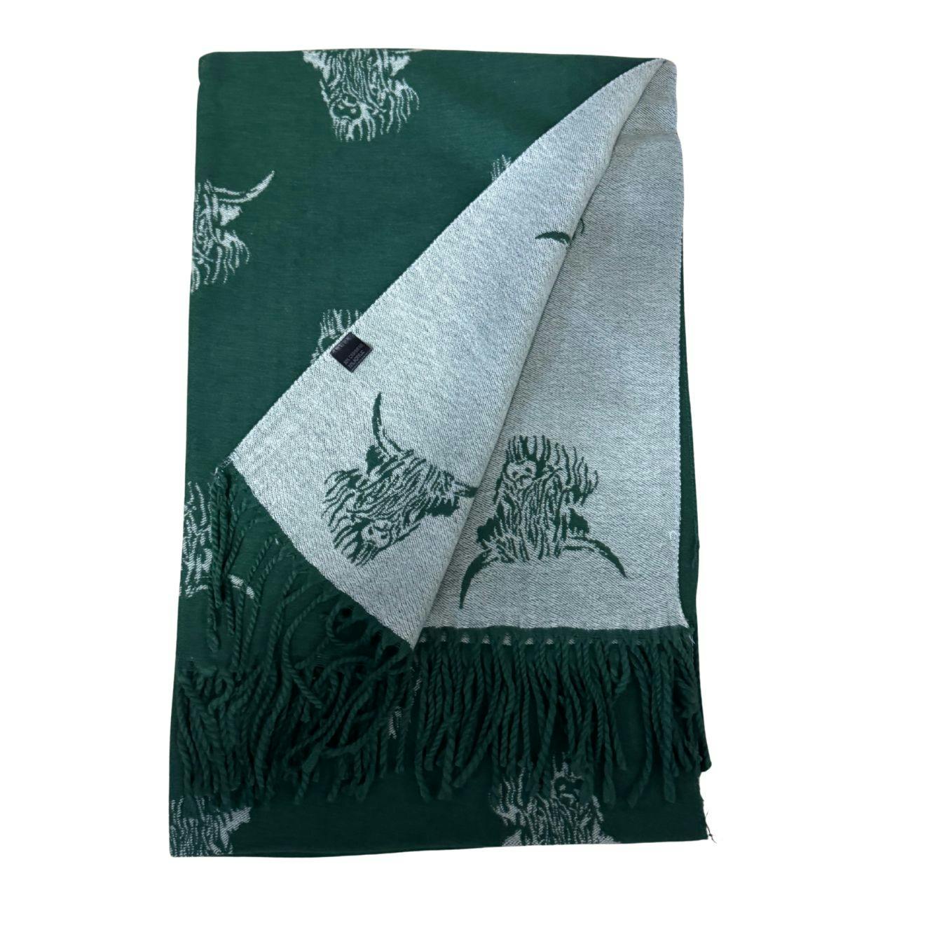 Love Emvy Green Highland Cow Scarf – Reversible Cashmere Blend Winter Wrap With Tassel Edge