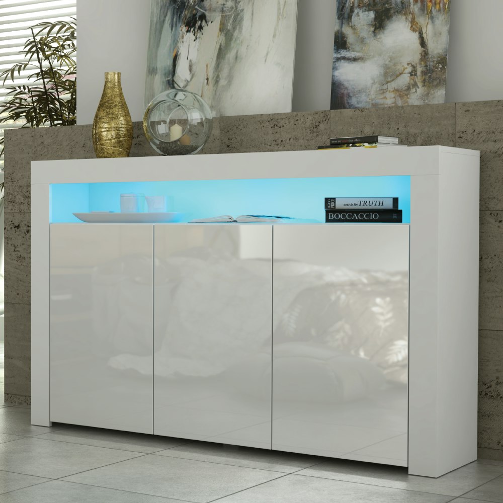Rackhams White 155Cm Sideboard Tv Stand Cupboard Cabinet – High Gloss Doors With Free Led - 155Cm - Matt Body & Gloss Doors - Mdf/Chipboard