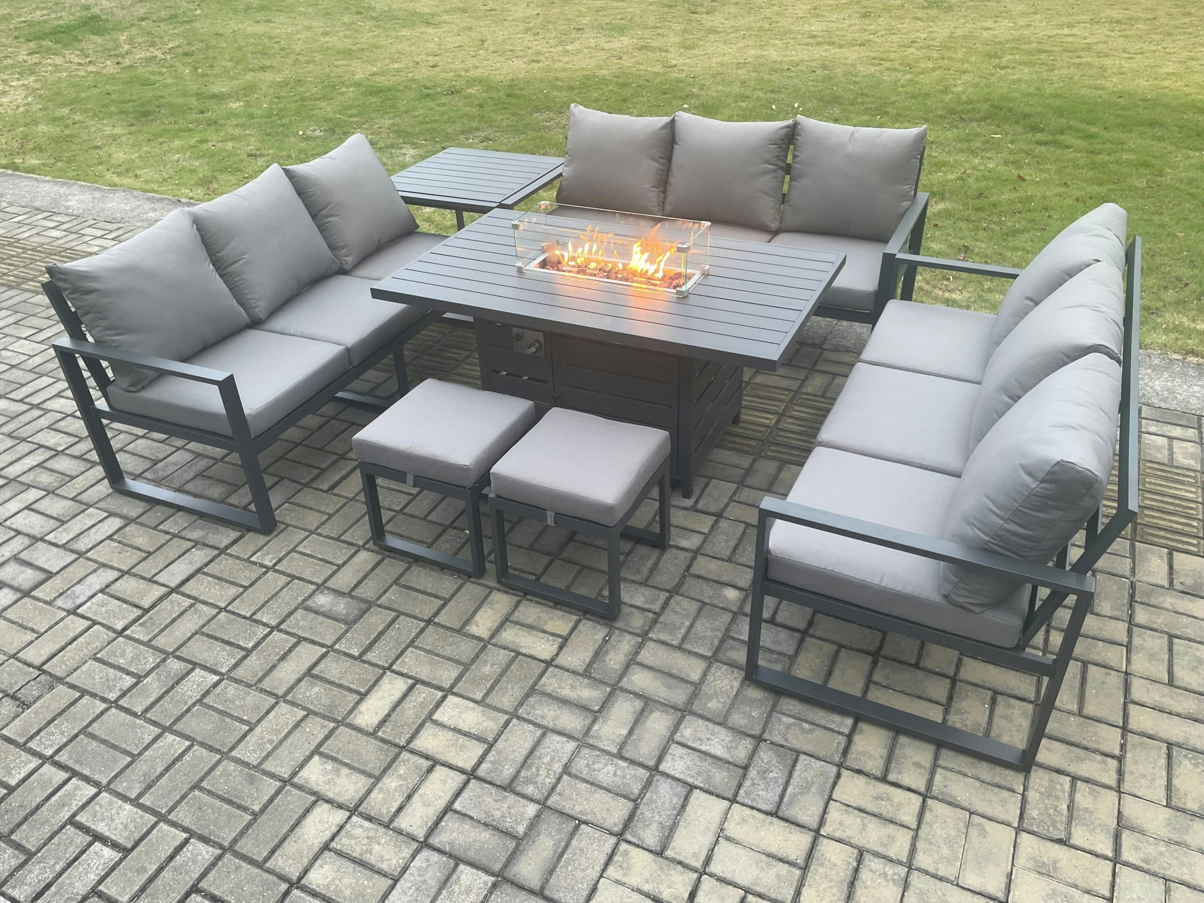 Rackhams Dark/Grey Aluminium 11 Seater Garden Furniture Outdoor Set Patio Lounge Sofa Gas Fire Pit Dining Table Set With 2 Small Footstools Side Table